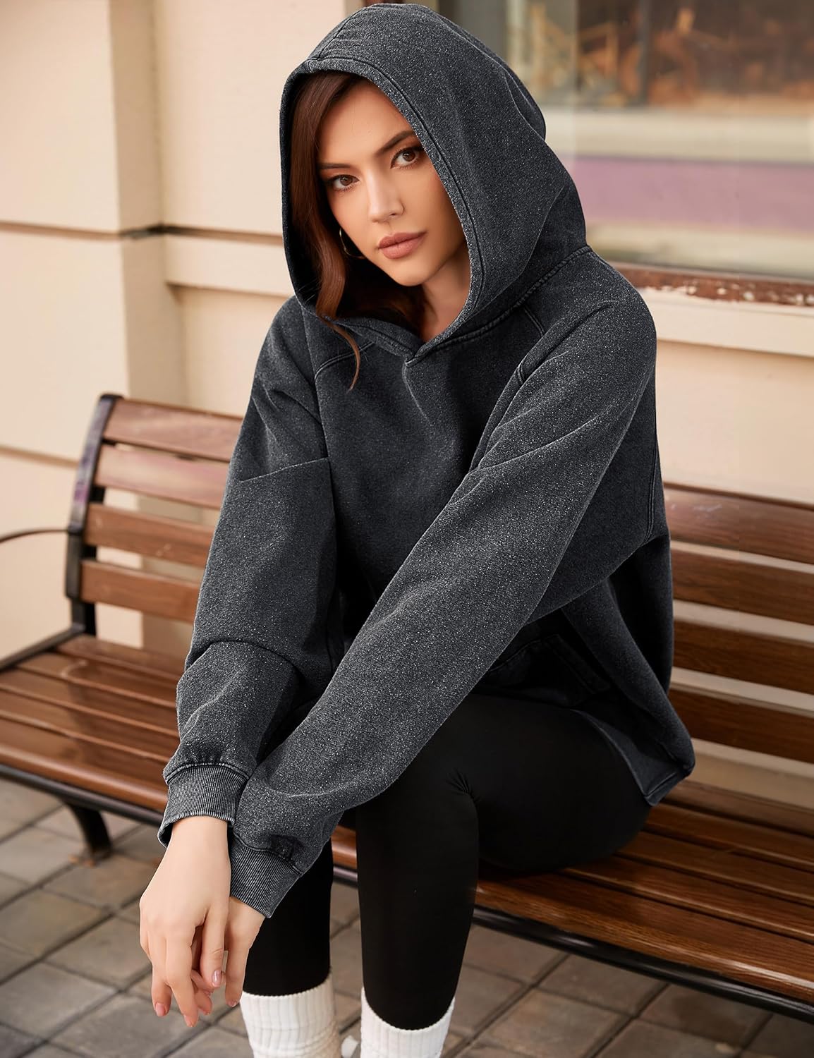 Lauweion Women Solid Basic Fleece Letter Loose Hoodie Sweatshirt Long Sleeve Kangaroo Pocket Drop Shoulder Pullovers Top - Image 4