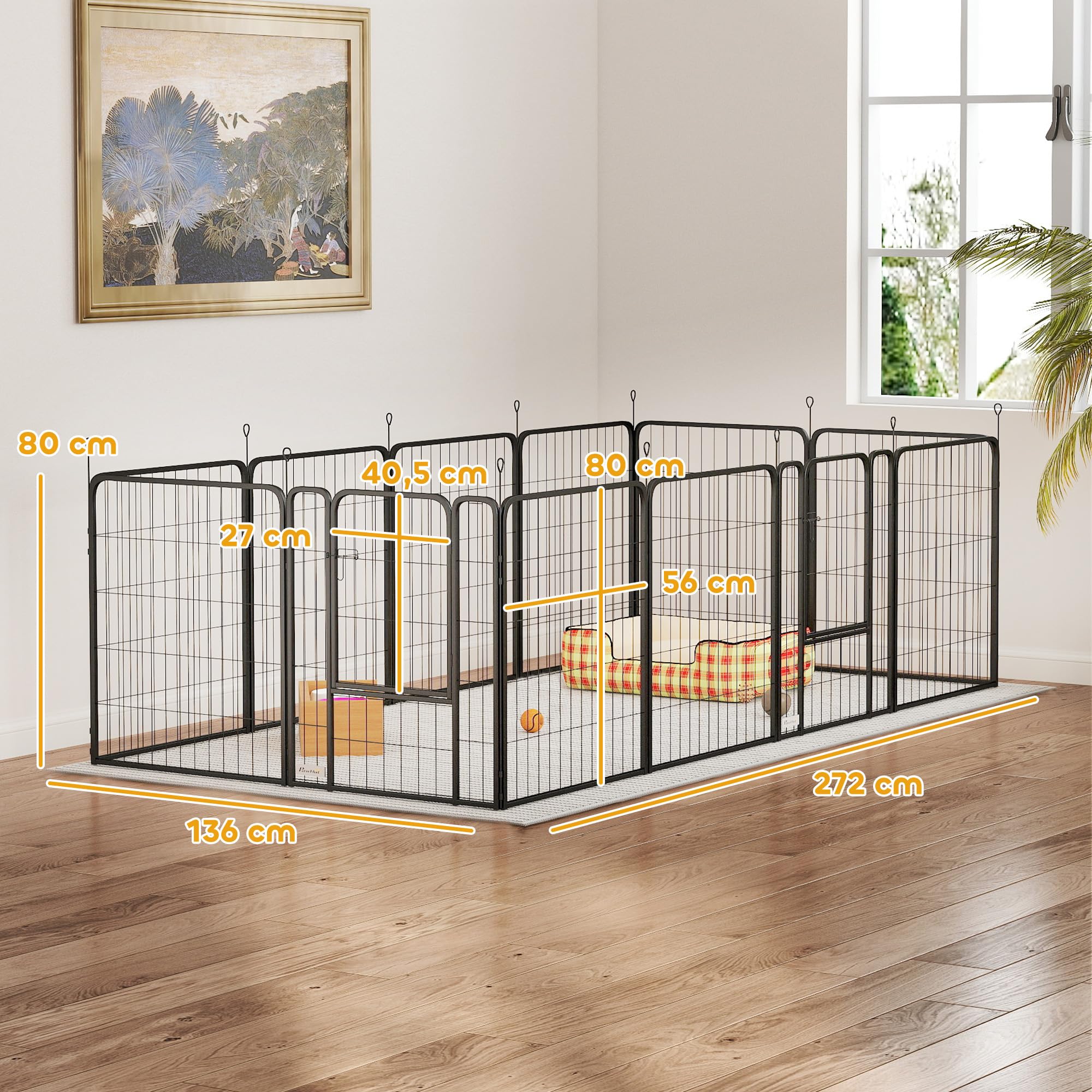 PawHut Parque para Perros de 12 Paneles de 80 cm de Altura, Vallas para Perros de Acero Resistente Plegable, con Puertas, para Interior y Exterior, Negro