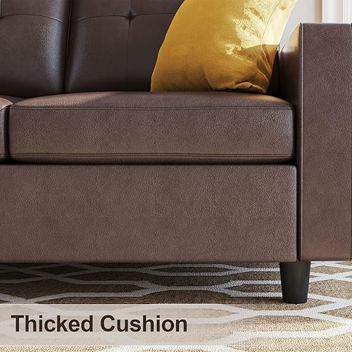 Miniatura 5 de HONBAY Sofá seccional de piel sintética, sofá modular convertible en forma de L para espacios pequeños, color marrón Negro -,Marrón