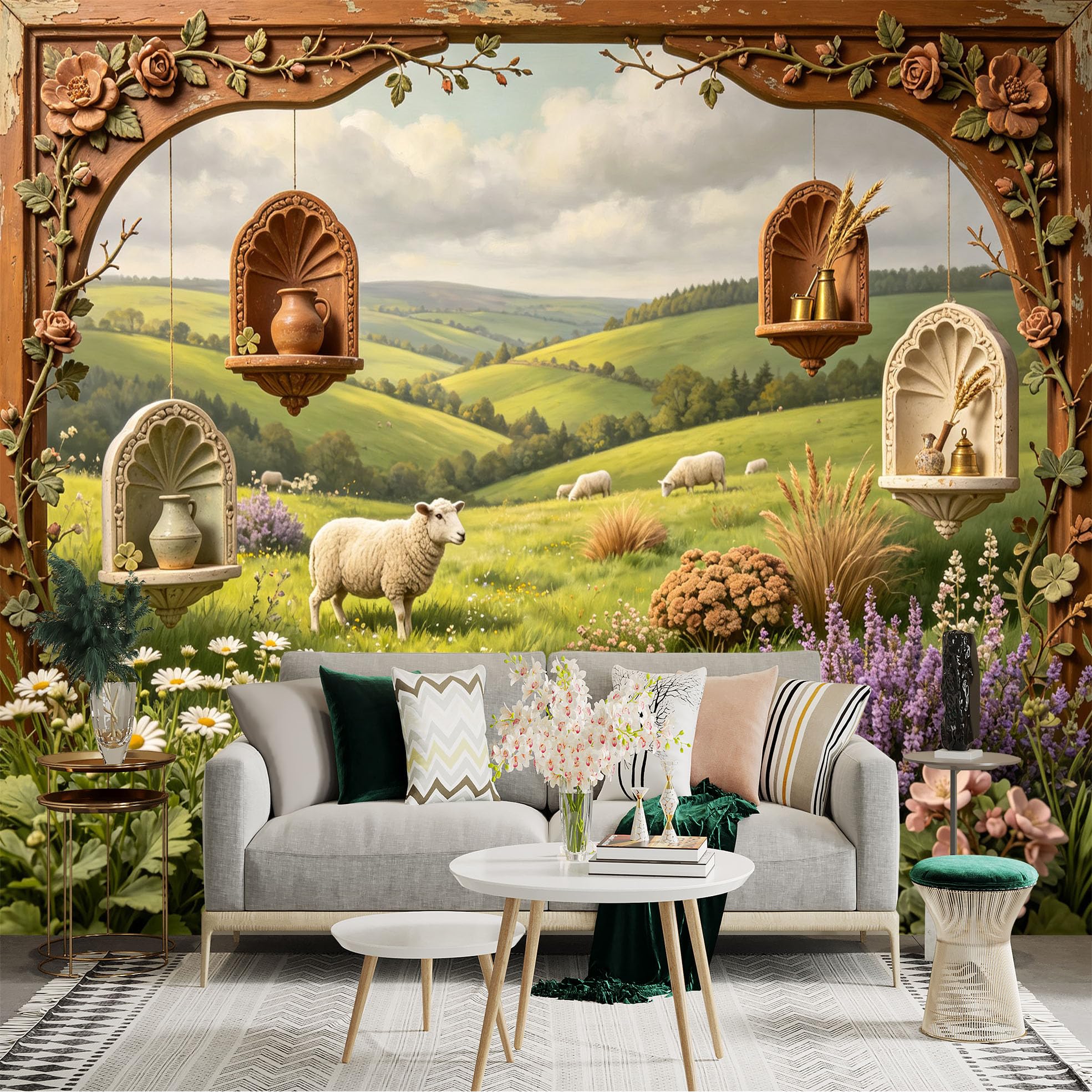 Lnzczhyre Bh260719437 Custom Size Wall Sticker Mural， Pastoral Sheep Grazing In Meadow， Rustic Wooden Arch With Flowers， For Wall Decoration， Peelandstick Wall Decals.