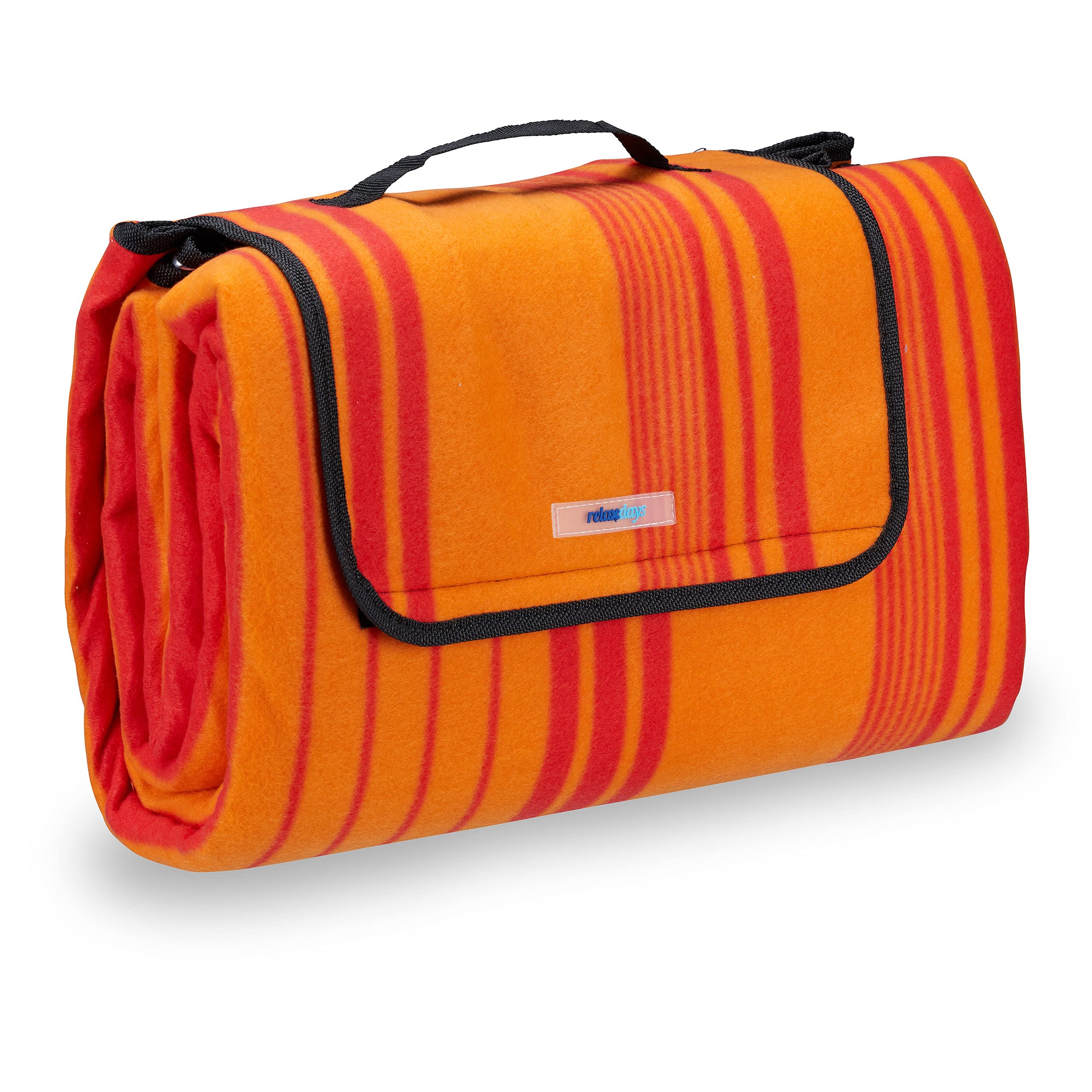 Relaxdays Fleece Picnic Blanket, Waterproof Beach Rug, Insulated, With Handle, XXL 200x200cm, Striped, Red-Orange — image 1