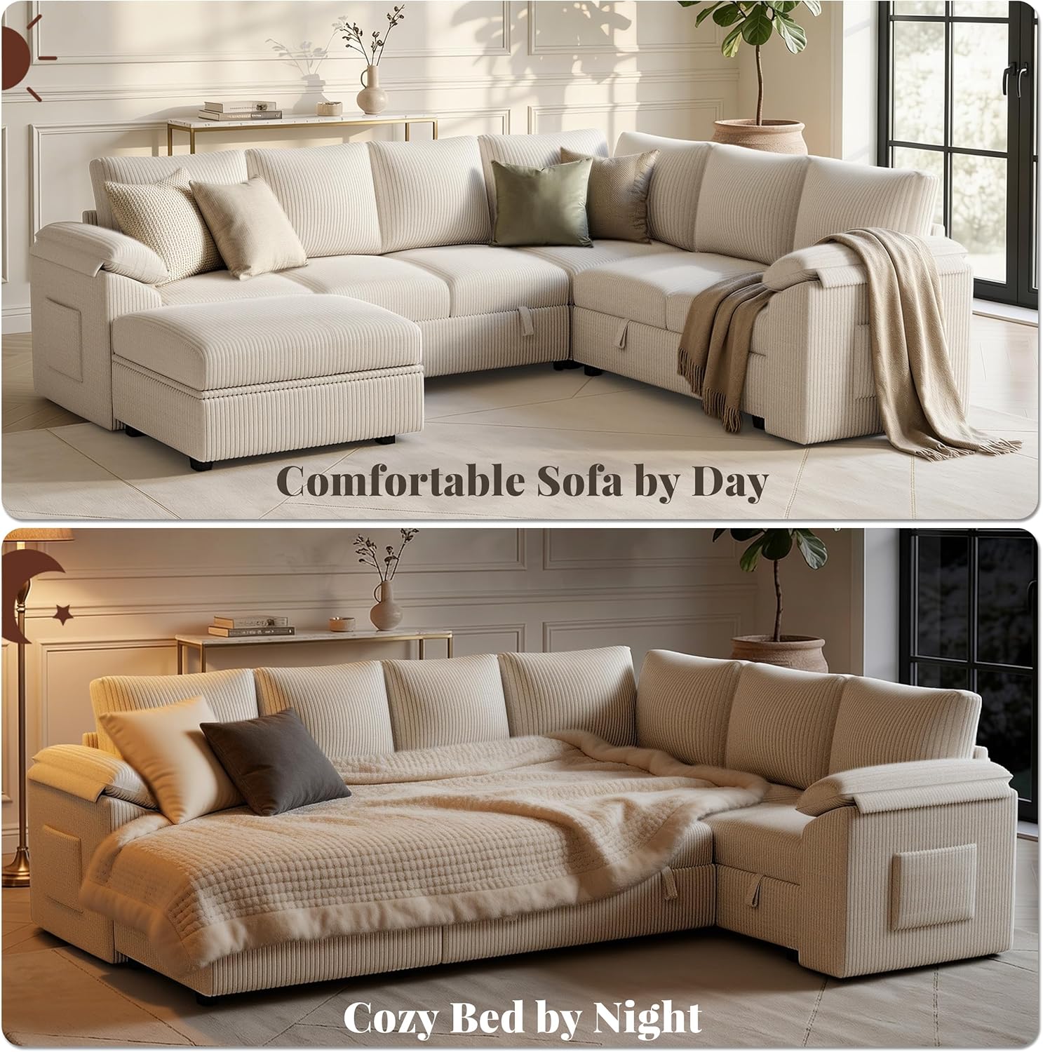 108 Inch Sectional Sleeper Sofa Bed with Pull Out Couch, U Shaped 7 Seat Cloud Modular Sectional Sofa with Storage, Corduroy Sectional Couches for Living Room, Removable Sofa Cover, Beige