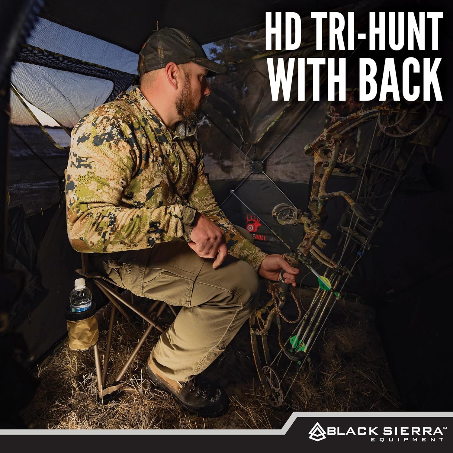 Black Sierra XL Tripod Hunting Stool, Foldable Tripod Seat w/Steel Frame Supports 300 Lbs, Heavy Duty Fishing Chair Features Cup-Holder & Carry Shoulder Strap, for Camping (TAN 2)