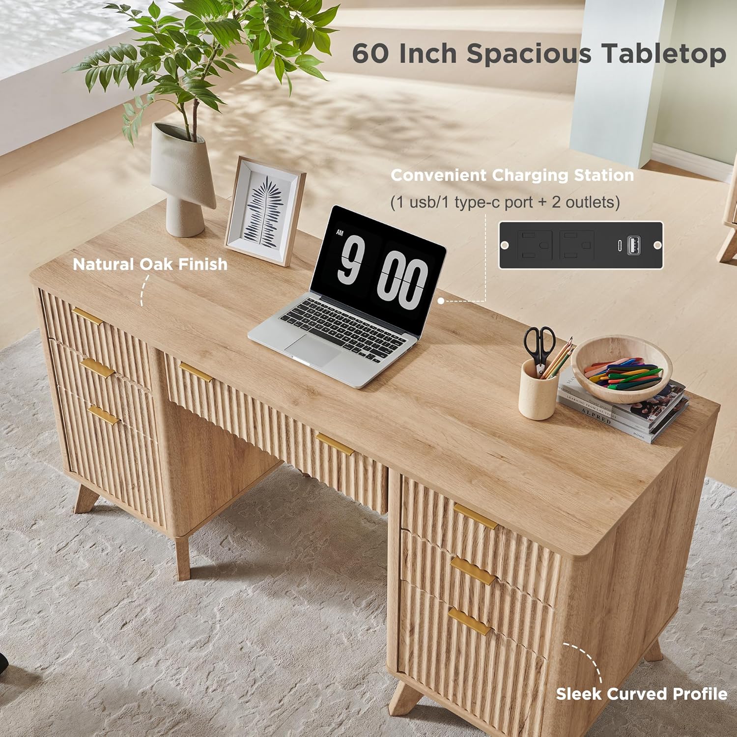 T4TREAM Fluted Executive Desk with Drawers, 60" Modern Home Office Computer Desk with Charging Station, File Cabinet, Keyboard Tray and Storage Cabinet for Study, Living Room, Bedroom, Natural Oak - Image 5