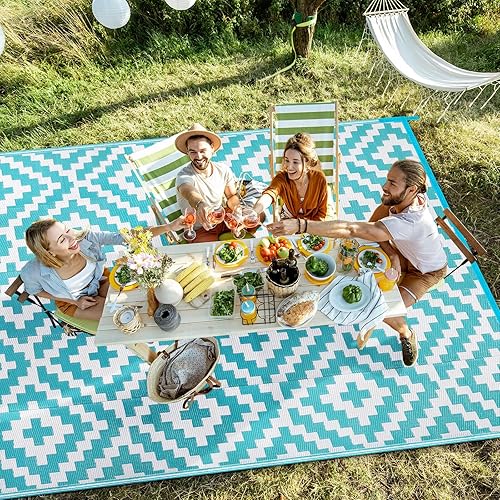 Miniatura 5 de Alfombra de paja de plástico para patio al aire libre, 9 x 12 pies, impermeable, reversible, alfombra de área, patio, caravana, porche, balcón,