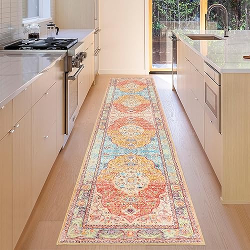 RUGxDJ Alfombra bohemia de medallón de 2 x 8 pulgadas, lavable, alfombra persa para entrada, alfombra antideslizante para interiores, pasillo,