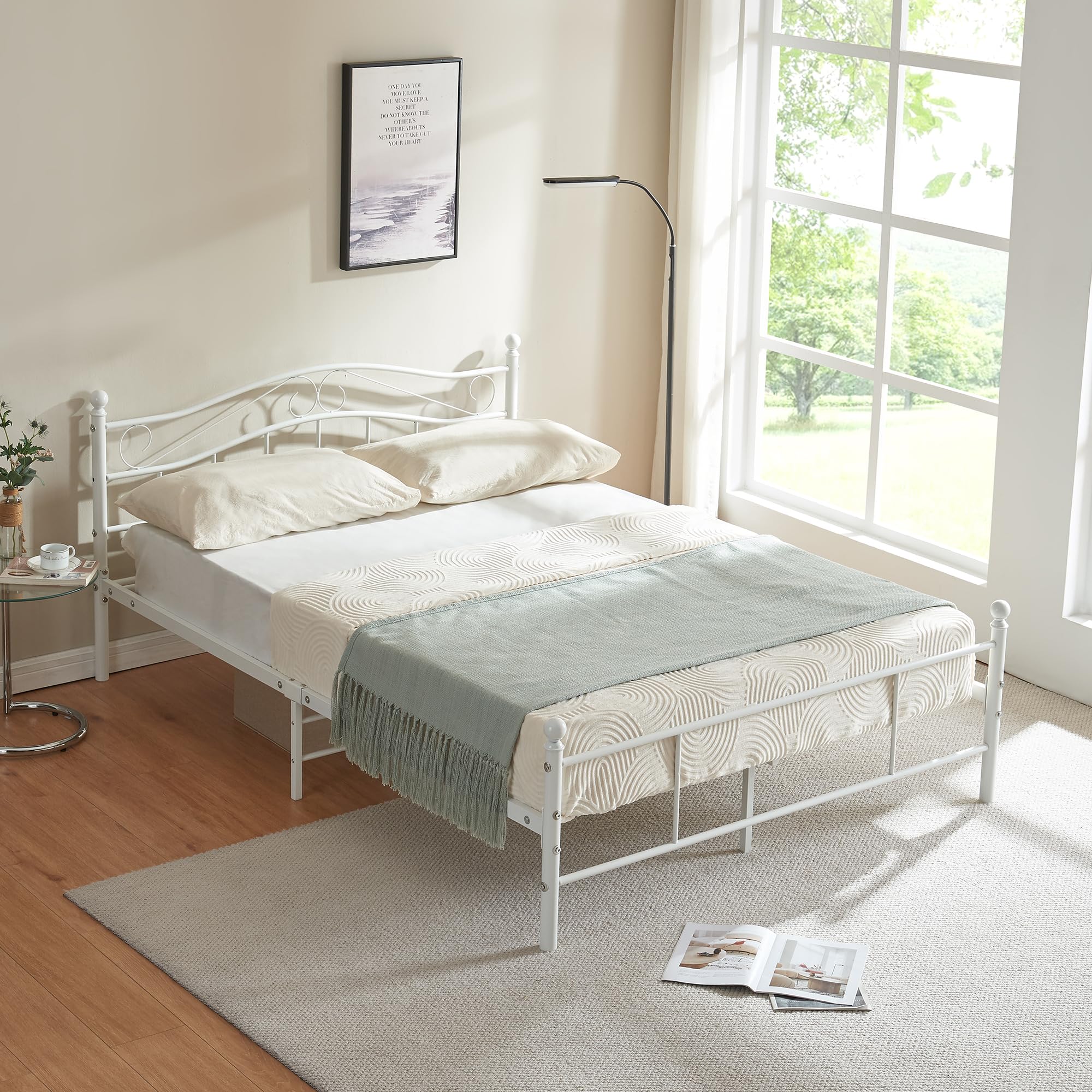 [en.casa] Struttura Letto in Acciaio con Testiera Alta Decorativa e Pediera Letto Matrimoniale con Zona di Riposo 160 x 200 cm Bianco