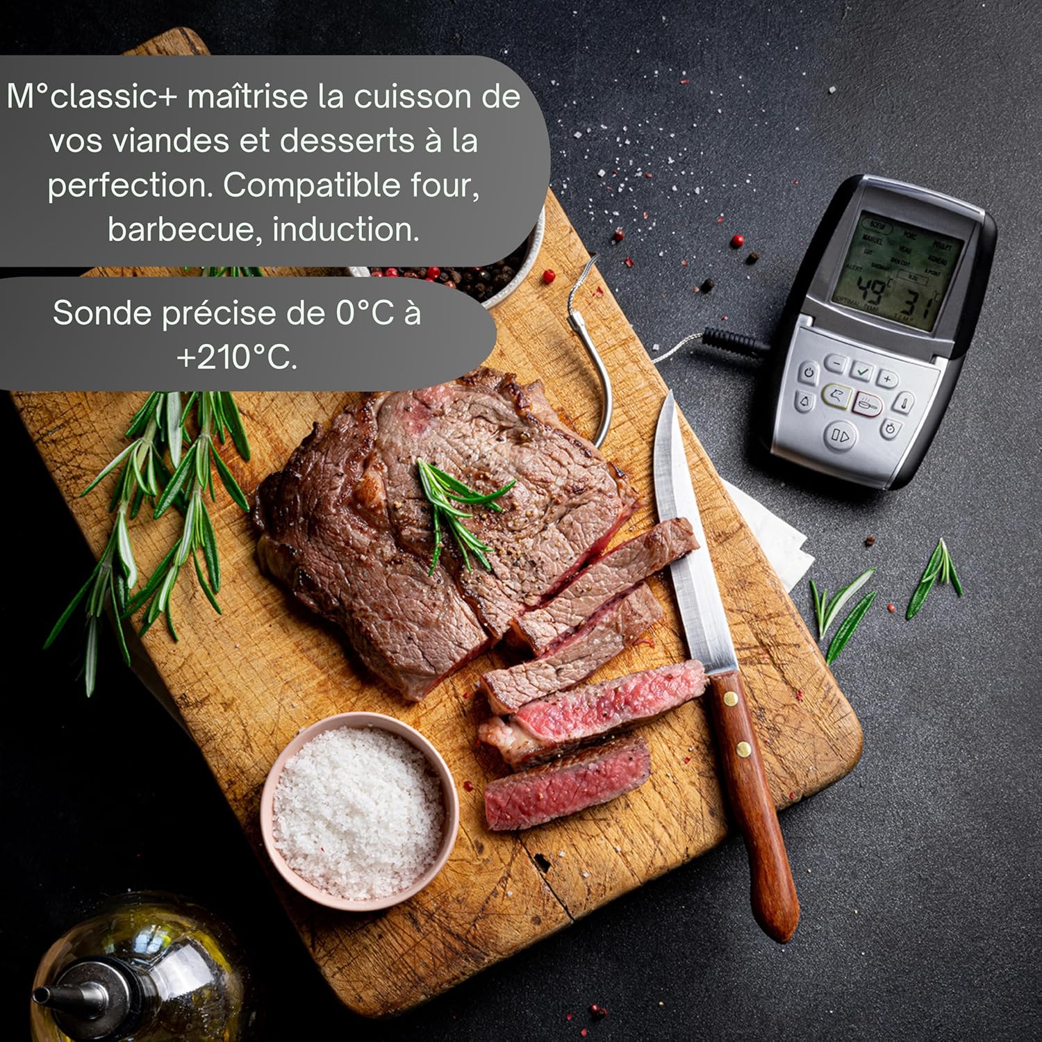 Cooked steak with Mastrad M Classic Plus thermometer, showing temperature range and compatibility