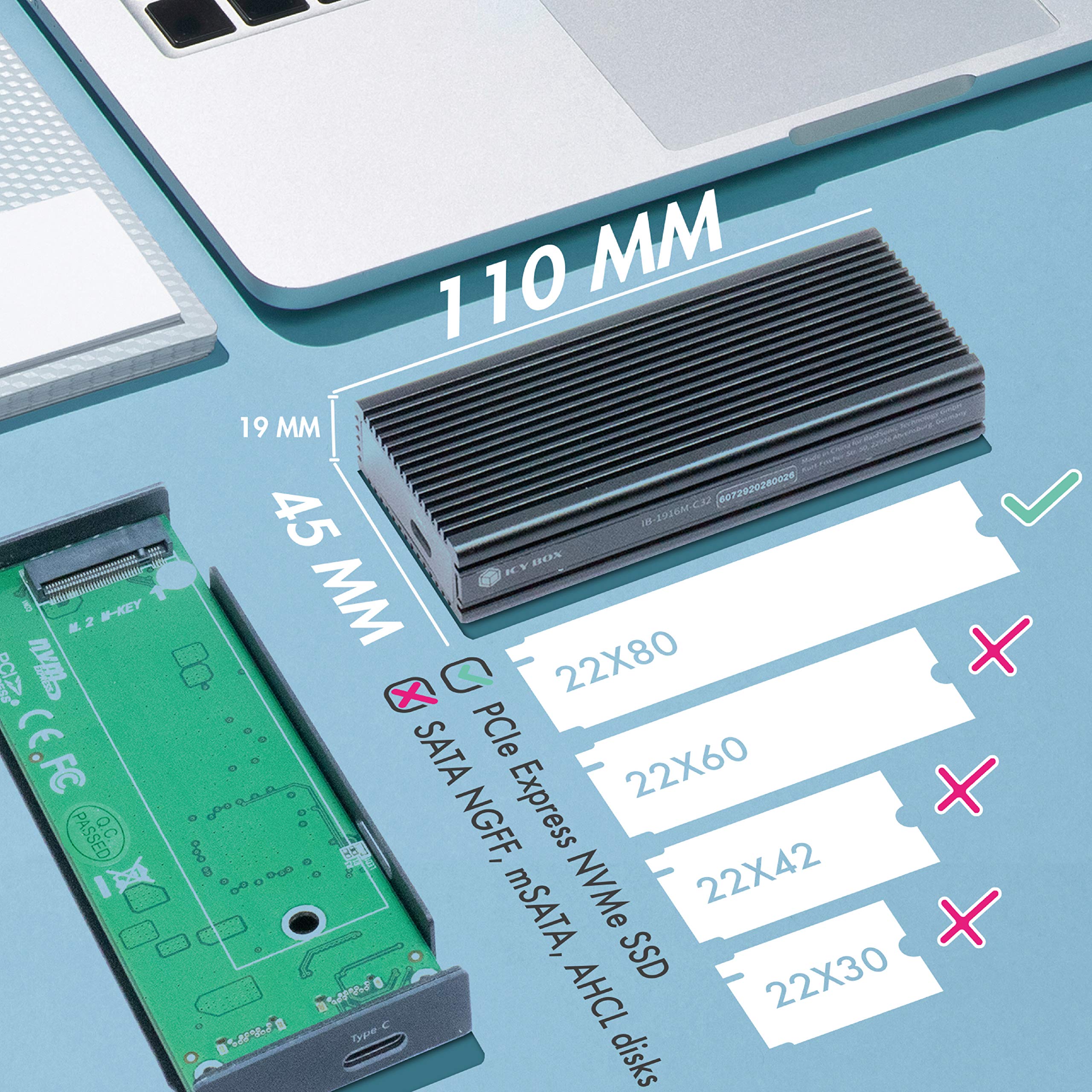 ICY BOX M.2 NVMe and SATA SSD Enclosure USB 3.1 (Gen2 10Gbps) Tool-Free USB-C to USB-C Combo Cable with Type A Adapter PCIe M Key Write Protector Black