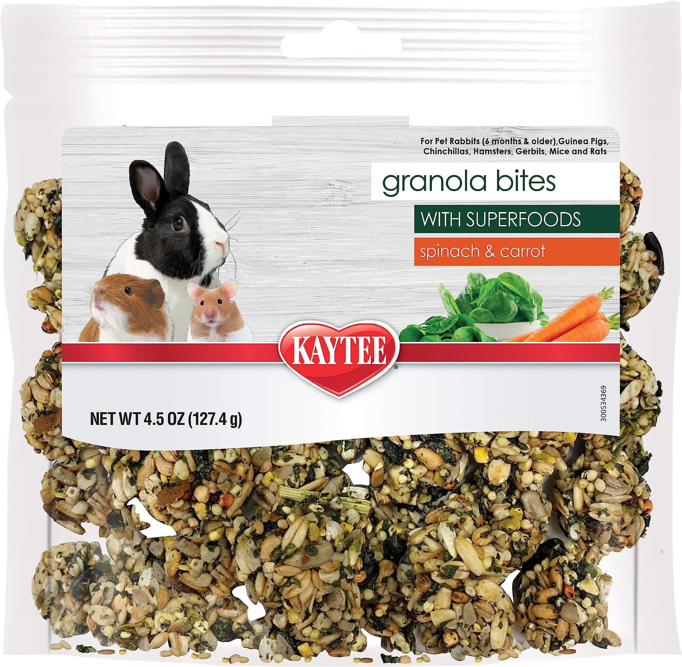Granola Bites with Superfoods Spinach and Carrot for Rats, Mice, Hamsters, Gerbils, Rabbits, Guinea Pigs and Chinchillas, 4.5oz