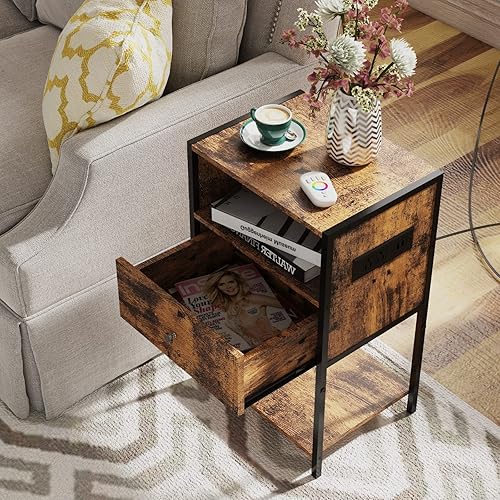 Miniatura 5 de LDTTCUK Mesita de noche con estación de carga, moderna mesa auxiliar con cajón, mesita de noche con almacenamiento abierto para dormitorio, marrón