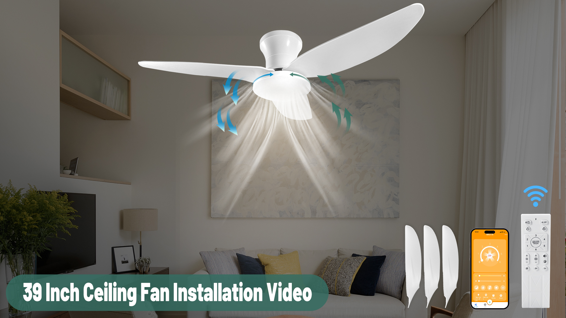 Ventilatore A Soffitto Con Luci LED 100 Cm - 130W, Telecomando, 6 Velocità, Regolabile 3000K-6500K, Moderno Bianco