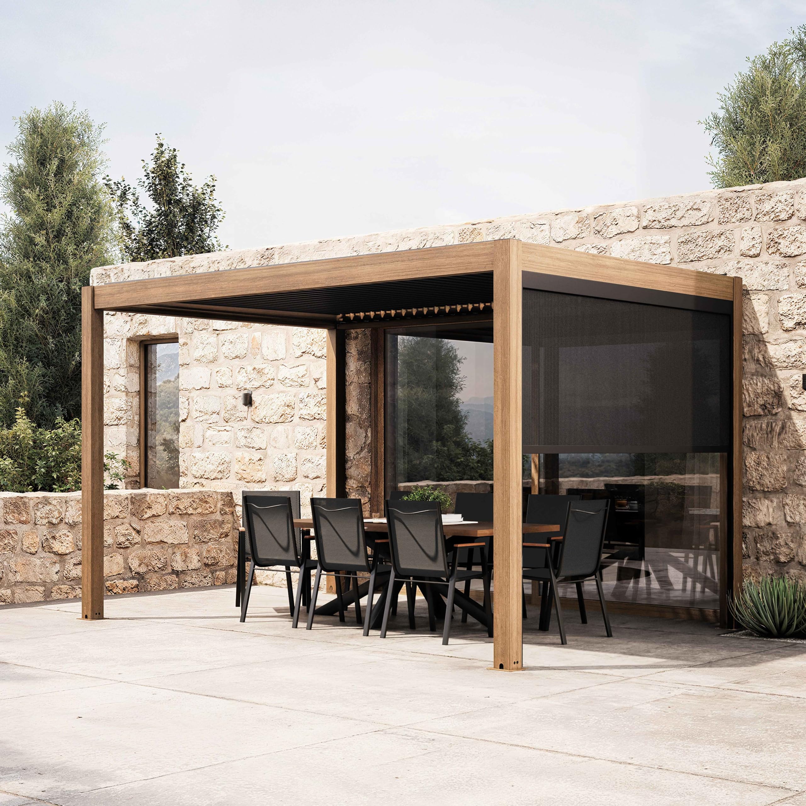 Oviala Pergola bioclimatique autoportée 3x4m et 1 Store Bois Gris