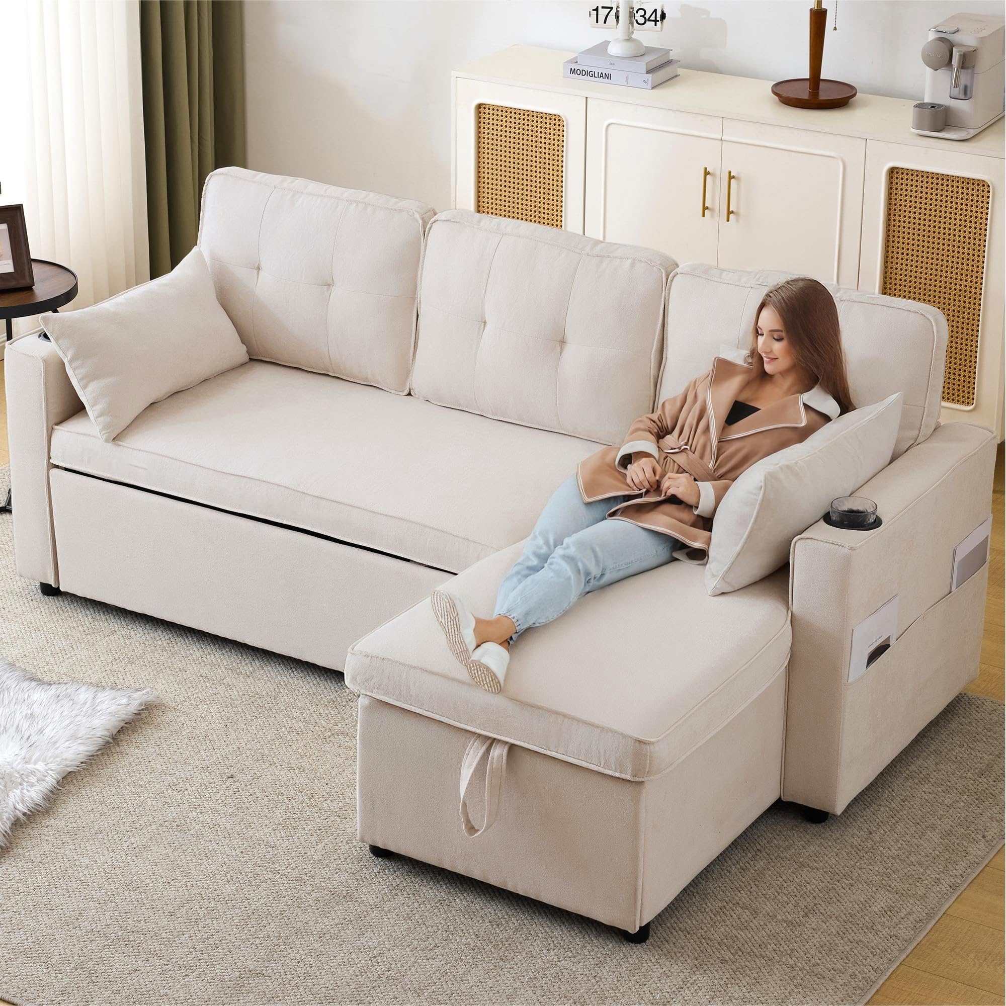 Divano Letto angolare in Cotone e Lino, Soggiorno, Beige, 211x129.5x86 cm