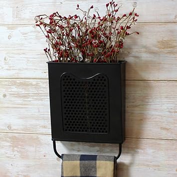 CVHOMEDECO. Primitives Vintage Galvanized Tin Wall Box Metal Wall Hanging Flower Holder with Towel Bar, Wall Pocket Organizer for Home Decor.