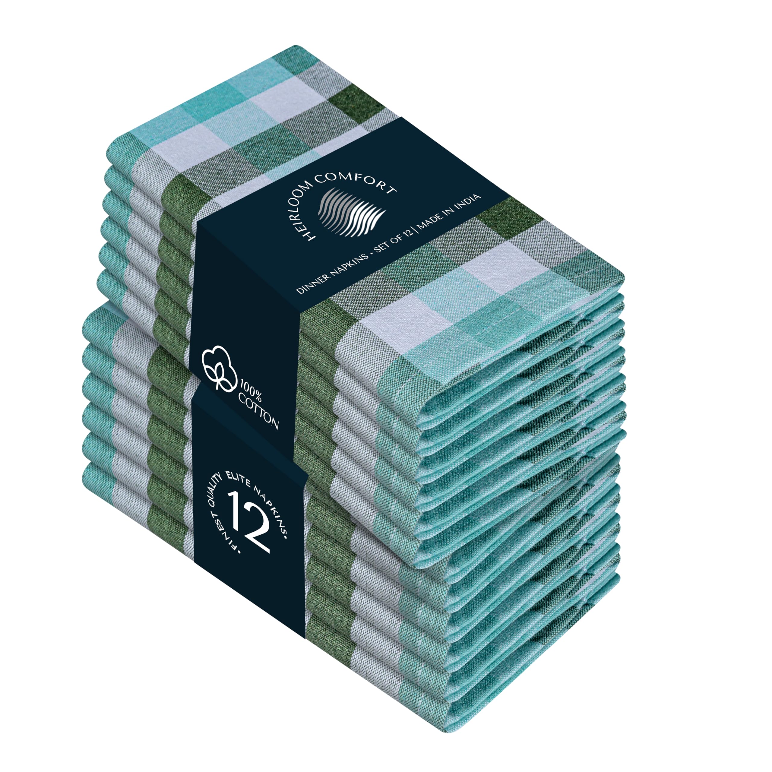 HEIRLOOM COMFORT Gingham Multi Check Cloth Napkins Set of 12, 45x45 cm, 100% Cotton, Super Absorbent & Reusable, Washable Fabric Napkins Dinner, Events, Everyday Use, Mint Green, Aqua Green, White