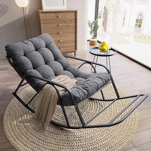 IRONCK Patio Rocking Chair with Cushion, Oversized Outdoor Rocking Chair with Armrest and Footrest, Modern Lounge Rocker for Indoor Living Room Garden Porch Balcony, Gray