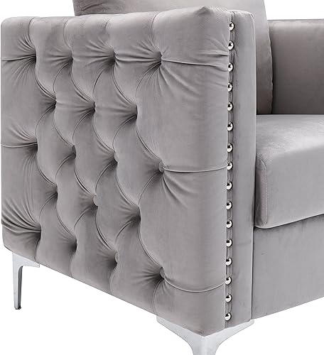 Miniatura 7 de Harper & Bright Designs Sillón moderno de terciopelo, con botones copetudos, silla de club con patas de acero para sala de estar, dormitorio, gris