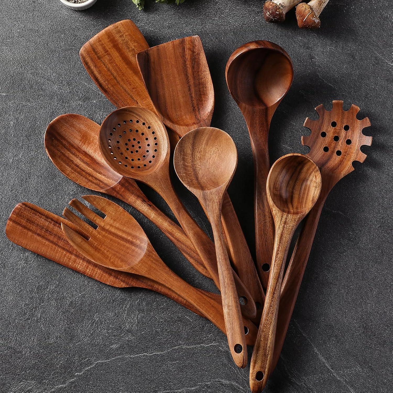 Wooden Spoons for Cooking, 12 Pcs Teak Wood Kitchen Utensils Set with Spoon Rest - Nonstick Heat Resistant Wooden Cooking Utensils, Natural Healthy Spatula Set for Pots and Pans - Image 3