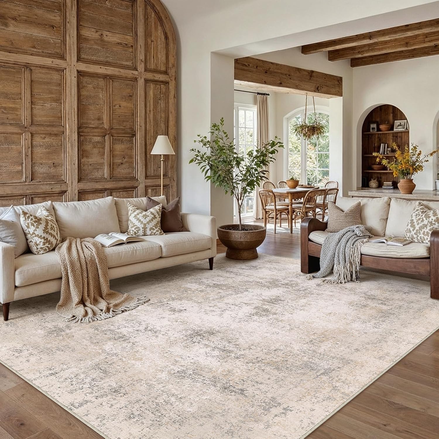 HUGEAR 8x10 Area Rug Beige Machine Washable Rugs Abstract Indoor Rug Modern Low Pile Carpet Distressed Throw Rug for Bedroom Living Office Dining Laundry Non Slip