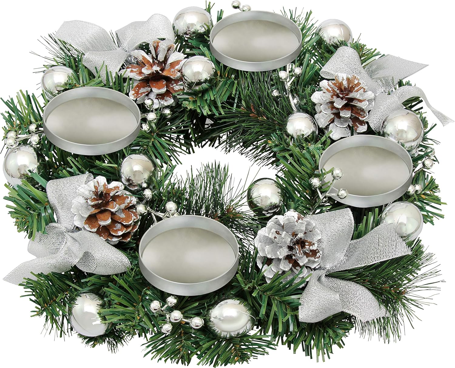 Silver Ribbon Advent Wreath Ring Candle Holder for Large Pillar Candles - Christmas Advent Wreath Candle Decor