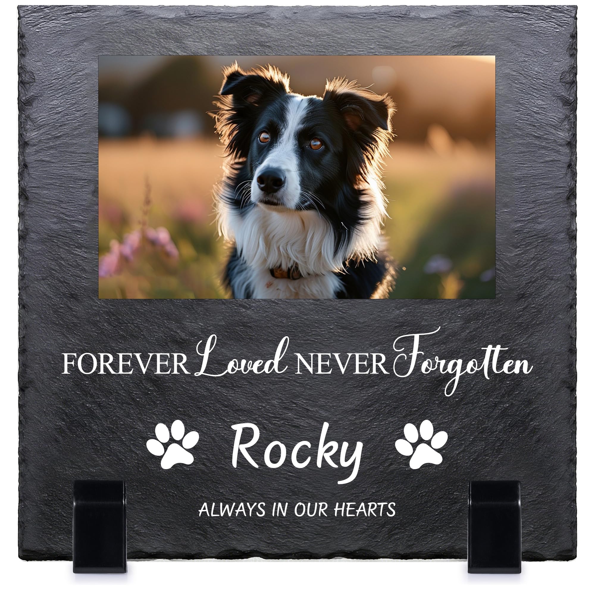 Forever Loved Memorial Stone & Plaque with Photo – Personalised Natural Slate Grave Marker for Dogs & Cats, Sympathy Gifts for Loss of Beloved Pet