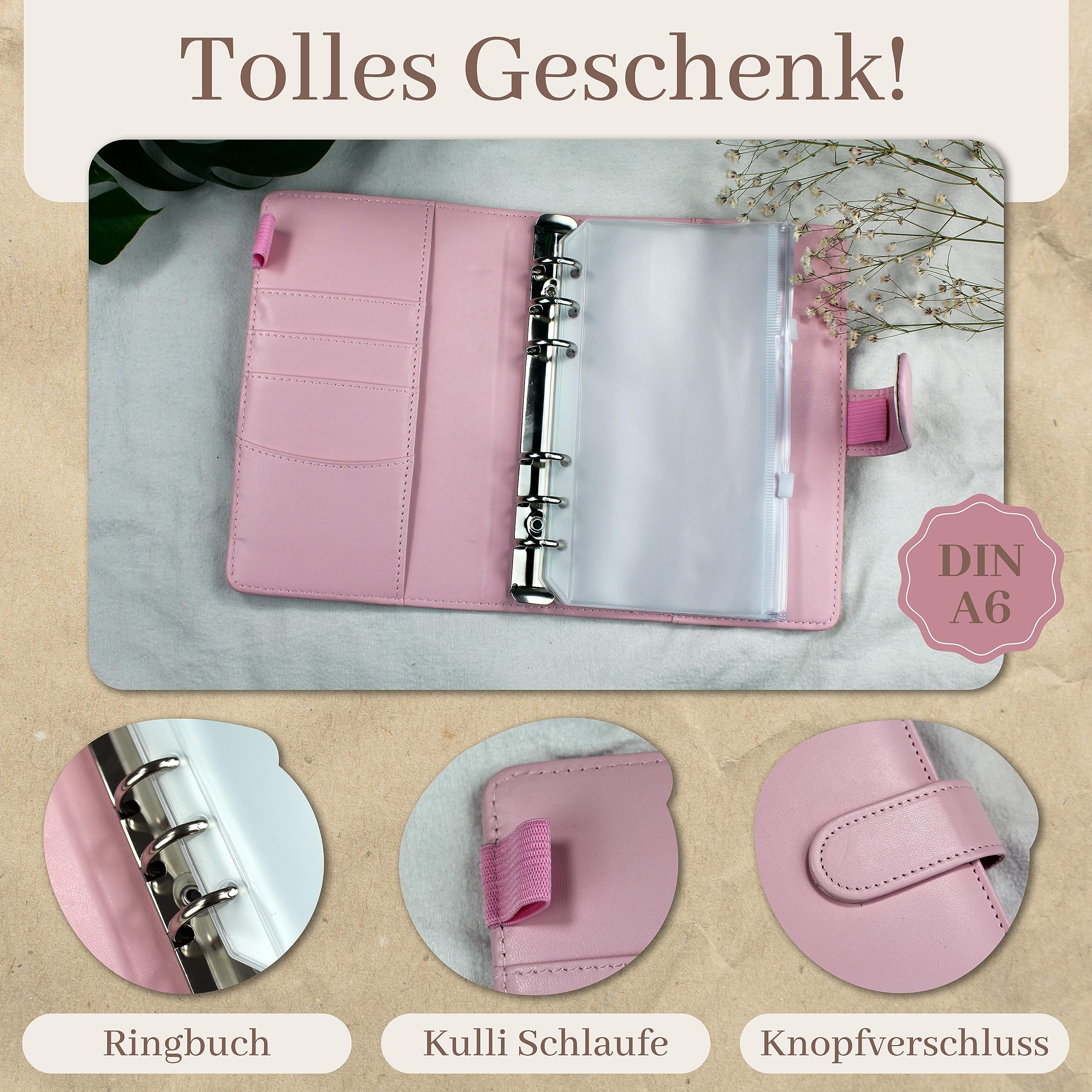 BeginnerBudget® Budget Planner Deutsch - Starterset mit Sparchallenge Budgetplaner - Sparen mit Umschlagmethode + Anleitung - Ringbuch - Binder A6 Glattleder-Style (Rosa)