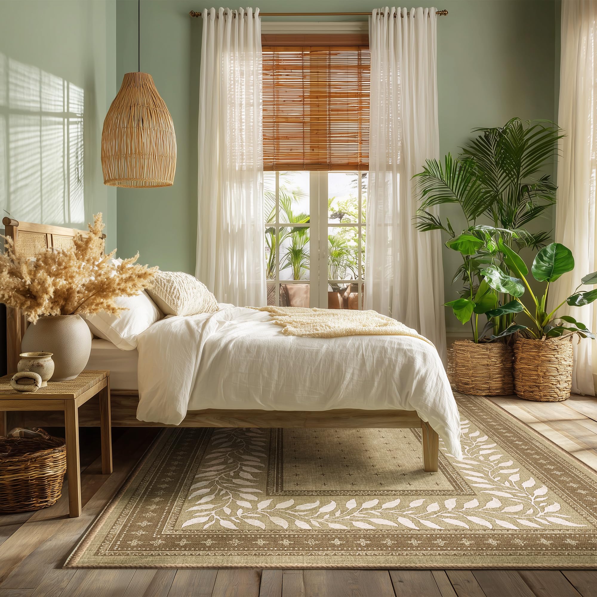 NICETOWN 8x10 Area Rug, Natural Throw Rug for Living Room, Washable Thin Carpet for Bedroom, Non-Slip Stain Resistant Foldable Large Carpet Pet & Kids