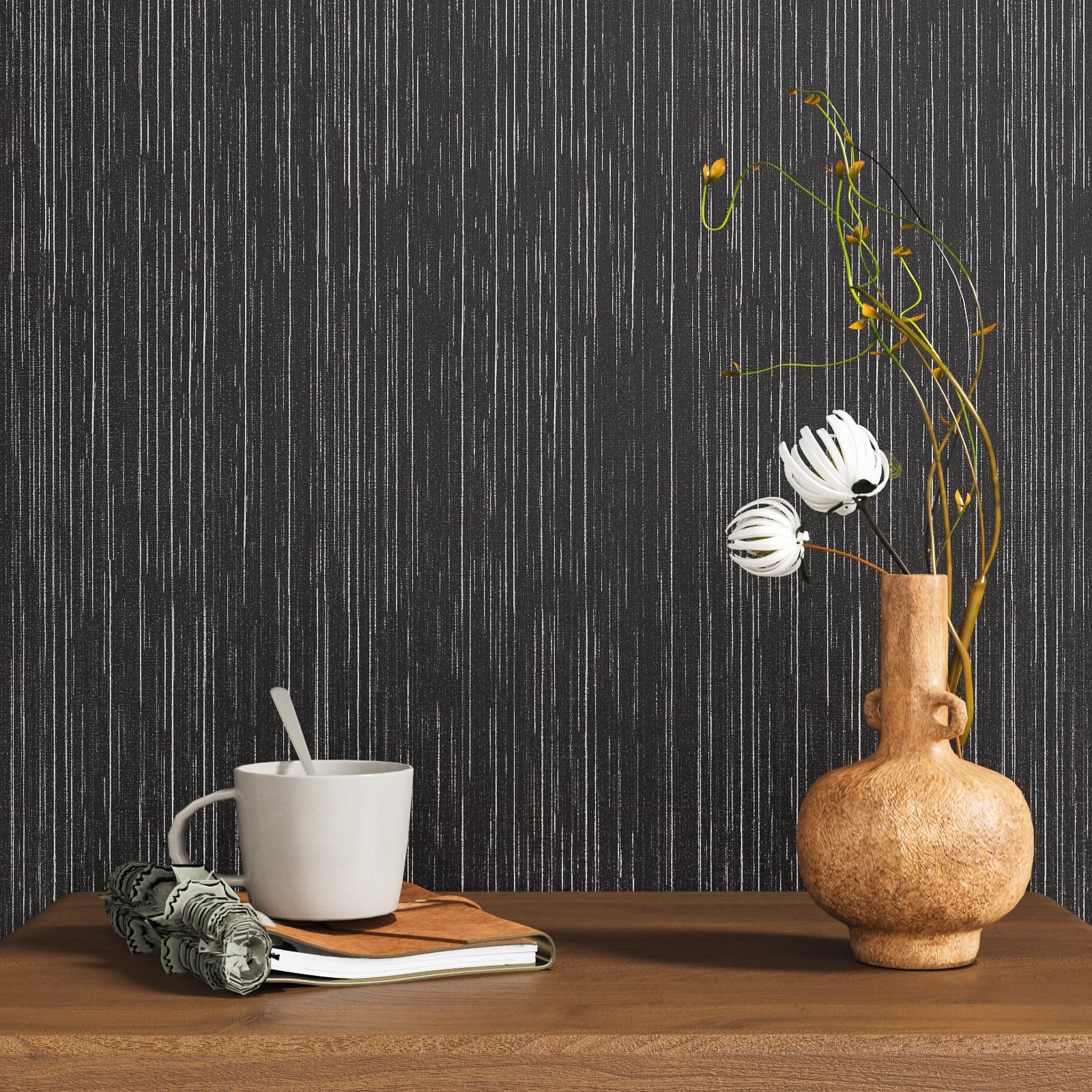 VaryPaper Black Silver Faux Grasscloth Wallpaper 40cmx200cm Textured Fabric Contact Paper Sticky Back Plastic Thick Lining Paper Black Linen Wallpaper for Living Room Bedroom Cupboards Furniture Wrap - Image 2