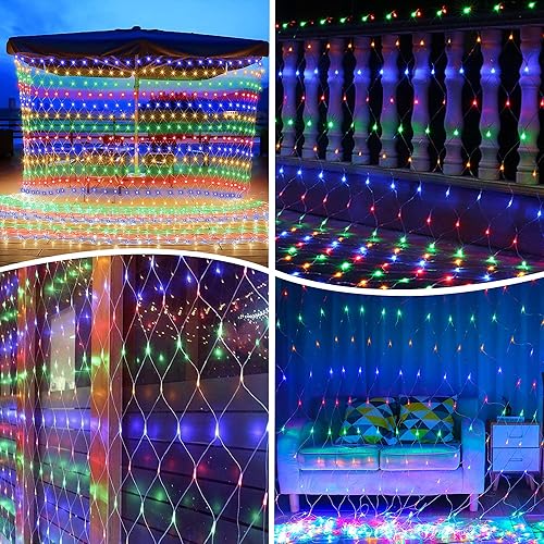 Miniatura 10 de weillsnow 198 luces LED de red para exteriores de 9.8 x 6.6 pies, conectables, 8 modos de iluminación parpadeantes, luces de malla para Navidad,