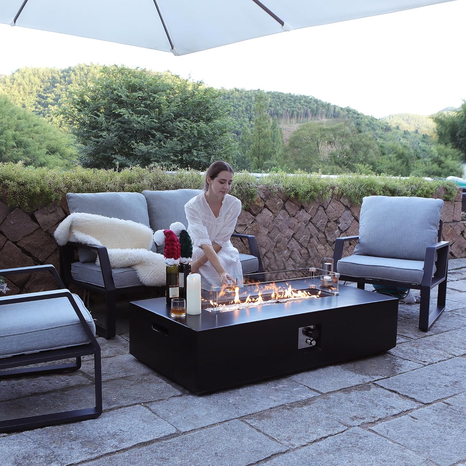 56" Outdoor Propane Fire Pit Table, Rectangle Terrazzo Fire Table w Glass Wind Guard(50,000 BTU), 2 Piece Gas Fire Table in Black w Fire Glass, Rain Cover for Outside, Backyard