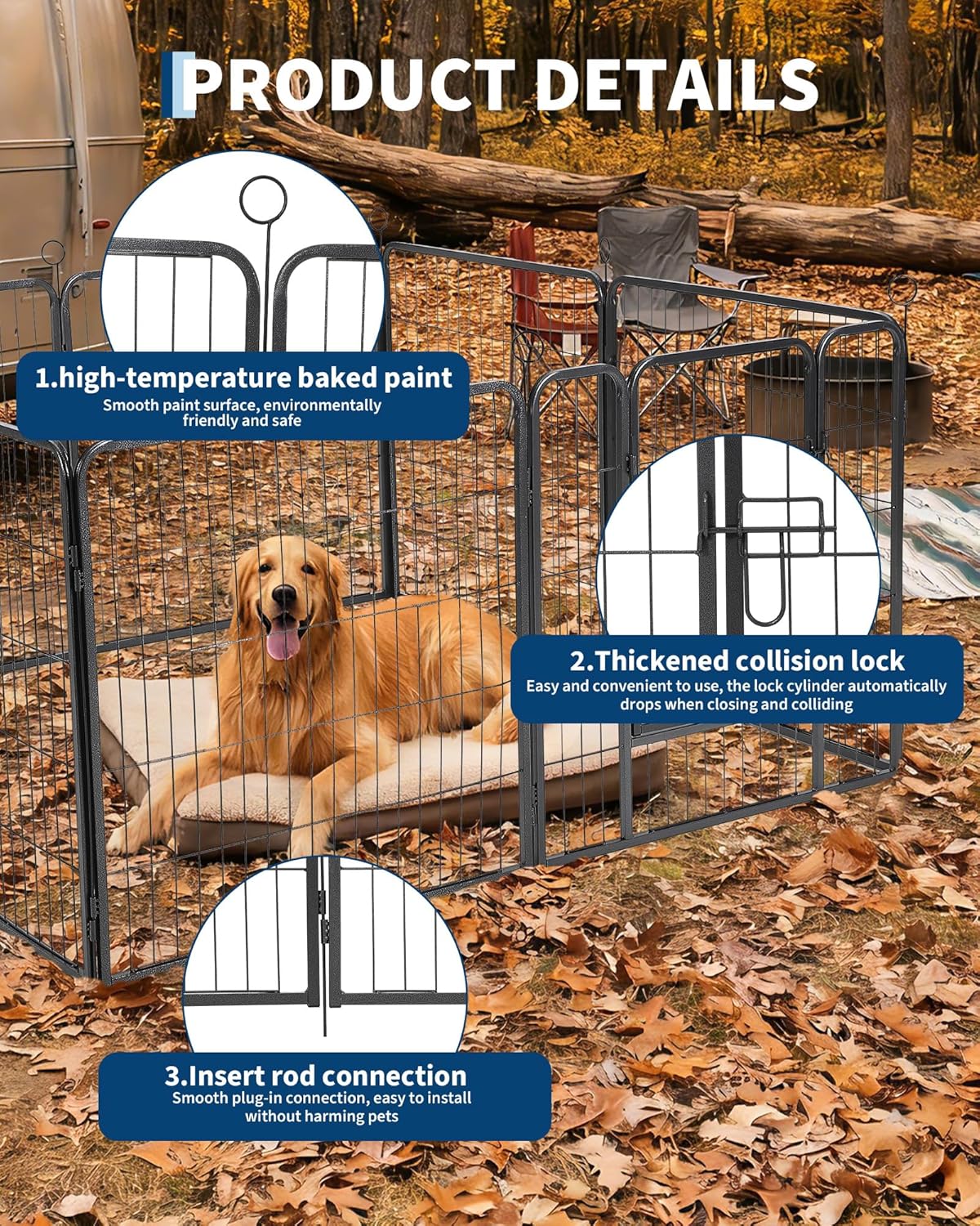 Outdoor Dog Playpen,Heavy Duty Metal Pet Exercise Pen,40 Inch, 8 Panels Metal Dog Fence with Gate, Pet Fence for Large/Small Dogs, Portable Dog Fence for RV Camping, Yard