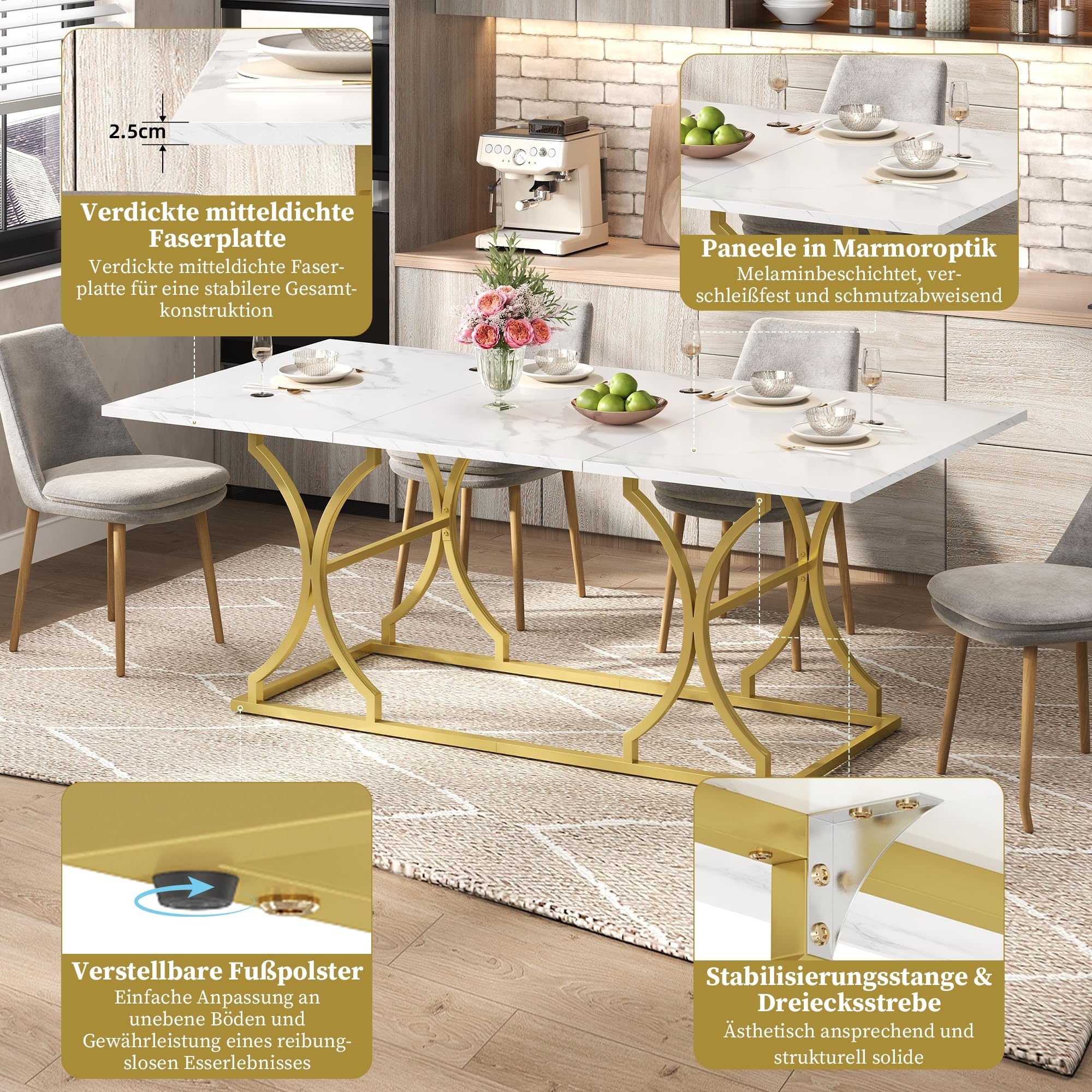 Tavolo da pranzo telescopico (200 x 80 x 76 cm), tavolo da pranzo allungabile, tavolo da cucina allungabile, salvaspazio, per cucina e soggiorno (bianco + oro)