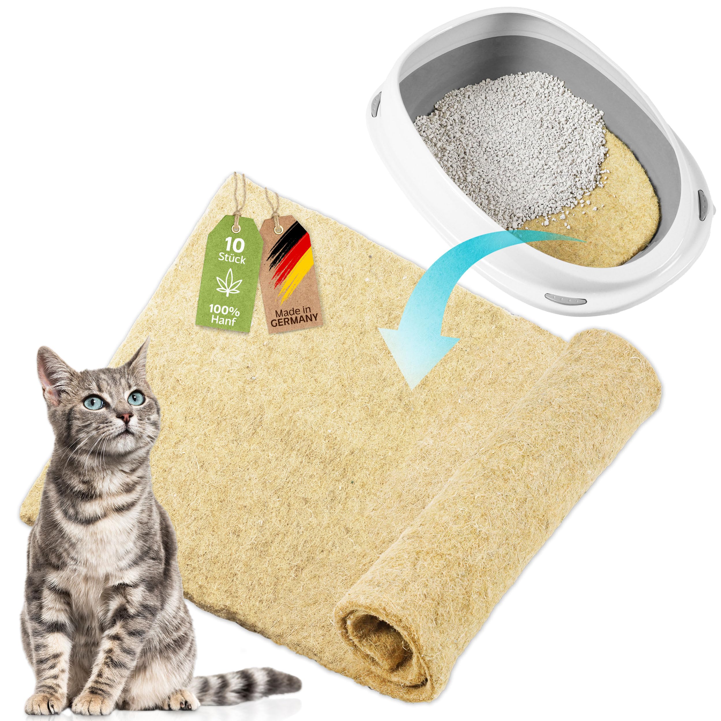 CleanCat, tappetino di canapa, ricambio per lettiera per gatti, neutralizzante gli odori, organico per gatti, privo di polvere, per lettiera per gatti, ritagliabile, tappetino per gatti naturale (10
