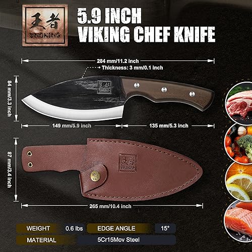 Miniatura 5 de ENOKING Cuchillo vikingo de 5.9 pulgadas para cortar carne, cuchillo de chef hecho a mano con mango de madera de espiga completa y funda de cuero