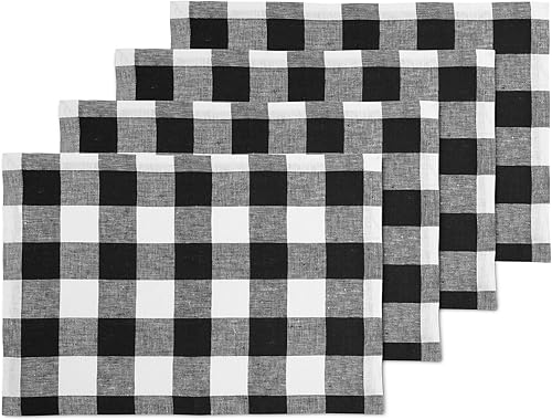 Solino Home Buffalo Check - Juego de 4 manteles individuales de lino 100 % puro, a cuadros blancos y negros, 14 x 19 pulgadas, lavables a máquina