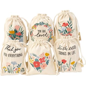 Paper Dragon Set of 6 Embroidered Bags with Floral Design - Loving Messages Premium Cotton Mix Versatile - Set 1