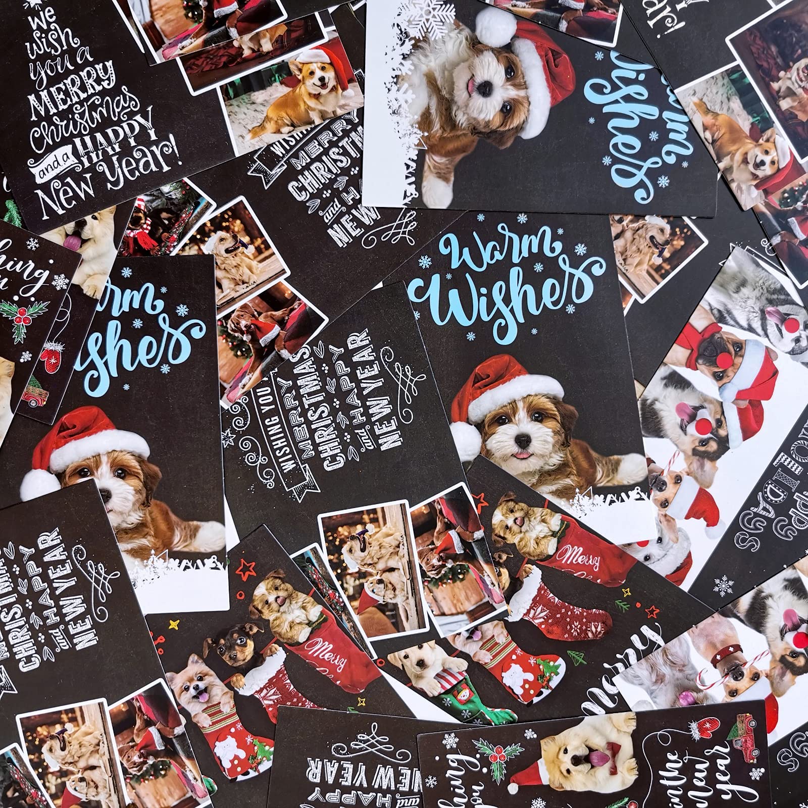 Lot de 120 cartes de Noël avec enveloppes autocollantes, assortiment de 6 motifs festifs de chiens en vrac, tableau noir en vinyle, cartes de vœux pour Noël