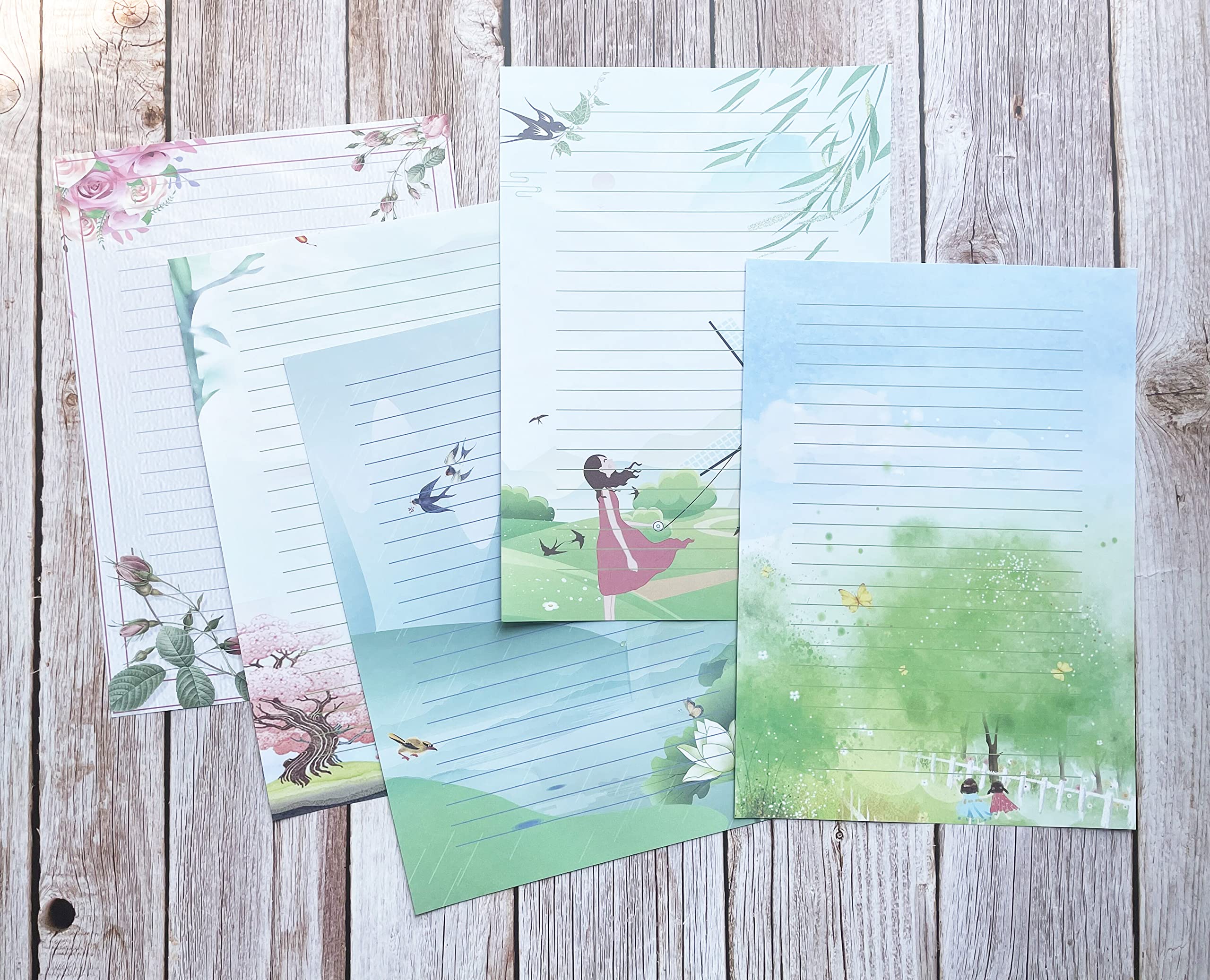 100 papeles de papelería a rayas, hermosos diseños para escribir cartas, notas, invitaciones, manualidades, 5 estilos diferentes (11.7 x 8.25 pulgadas)