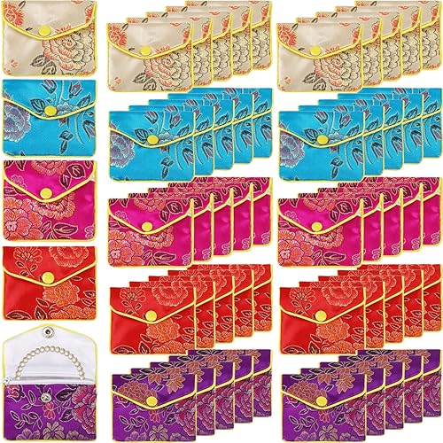 Miniatura 8 de 50 bolsas de regalo de seda para joyas, bolsas de regalo a granel, bolsa bordada de brocado de seda china con cierre a presión, bolsa de joyería