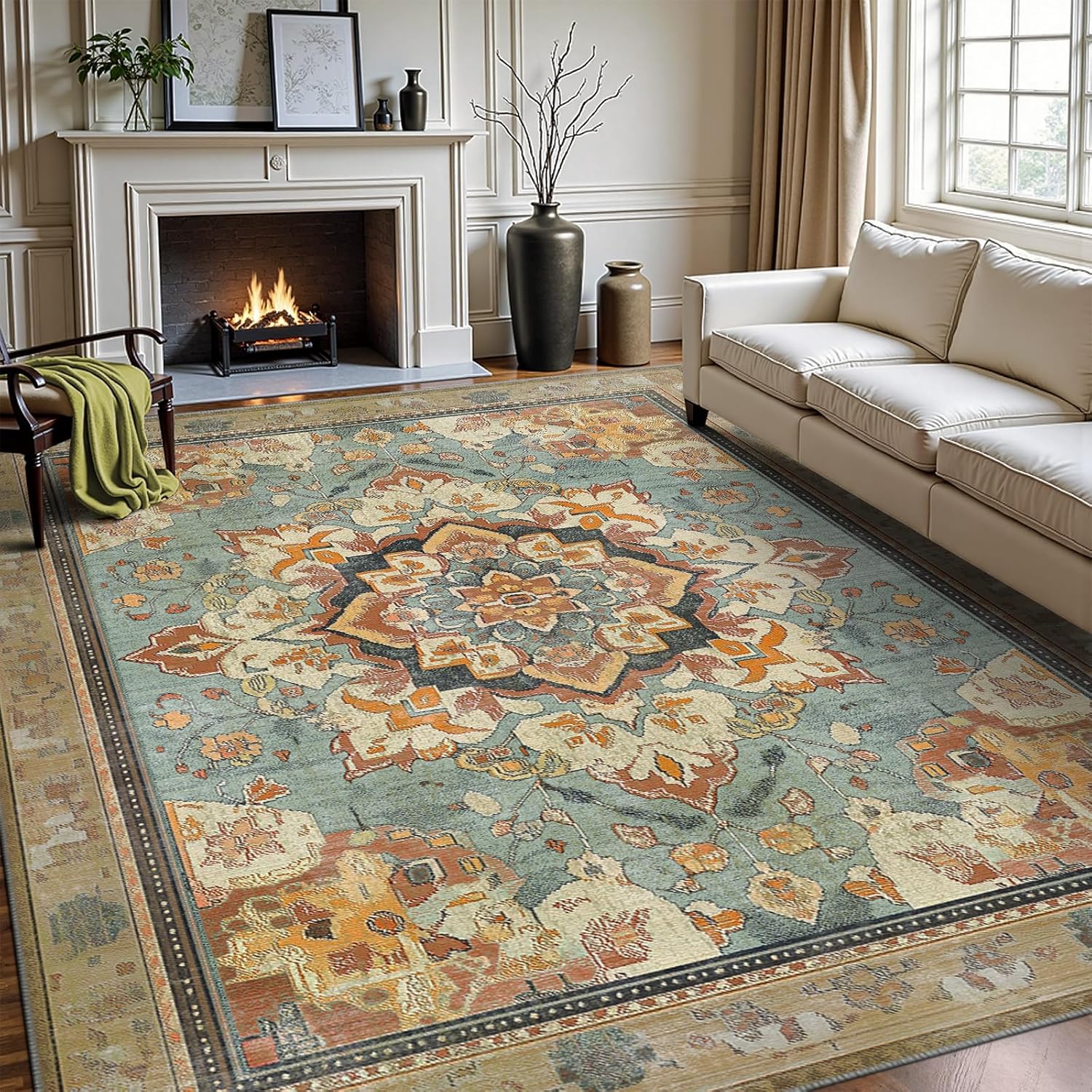 Boho Area Rug 6x9:Machine Washable Rug for Living Room - Soft Faux Wool Bedroom Carpet - Non Slip Low Pile Vintage Carpet for Dining Room Office Playroom Kids & Pets Friendly Red Green Red Green 6' x 9' (Rectangular)