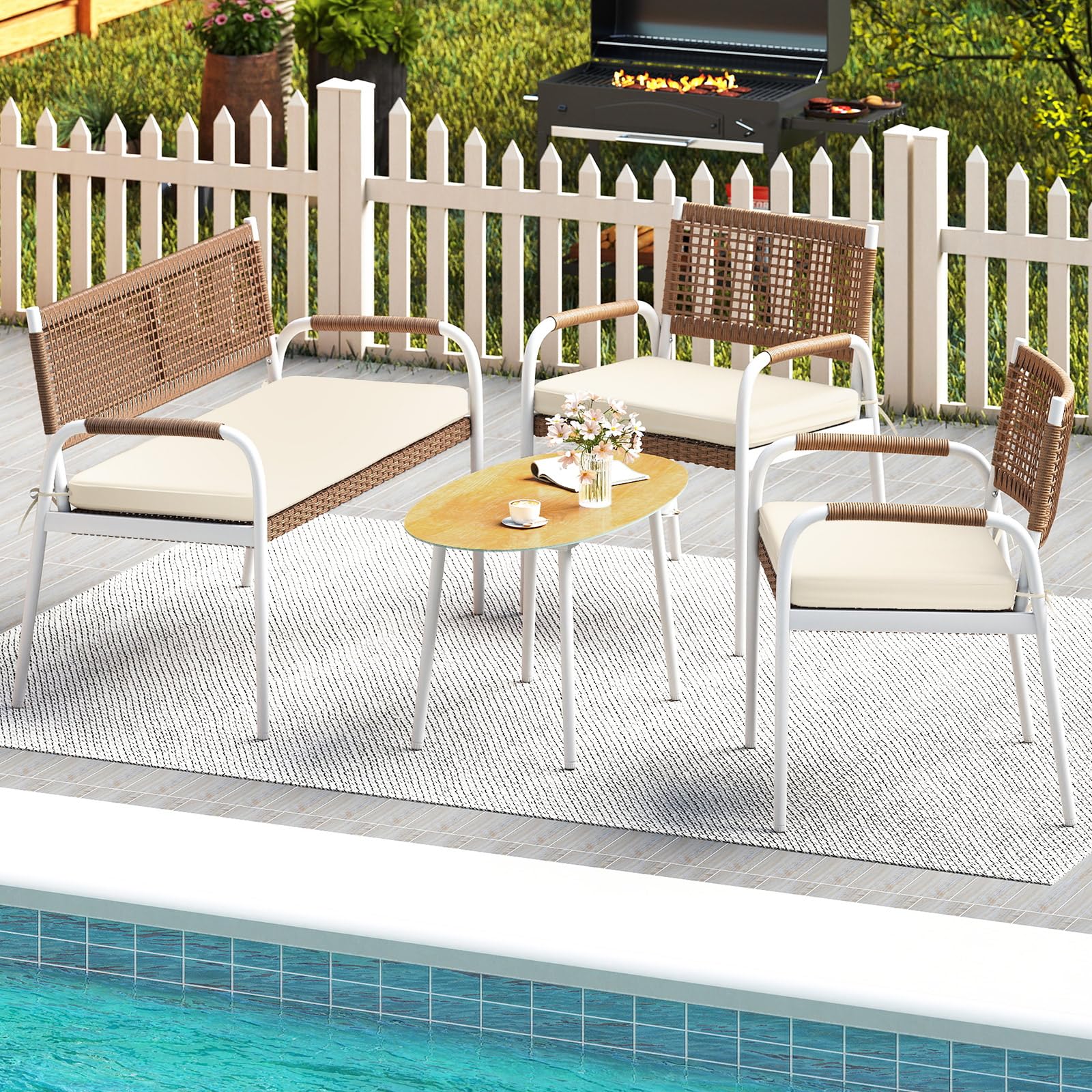 COSTWAY Set Salotto da Giardino 4 Pezzi, Divanetto in Rattan PE e 2 Poltrone con Cuscini Morbidi, Tavolo in Vetro Temperato, Set di Mobili da Esterno per Balcone, Veranda, Giardino e Cortile