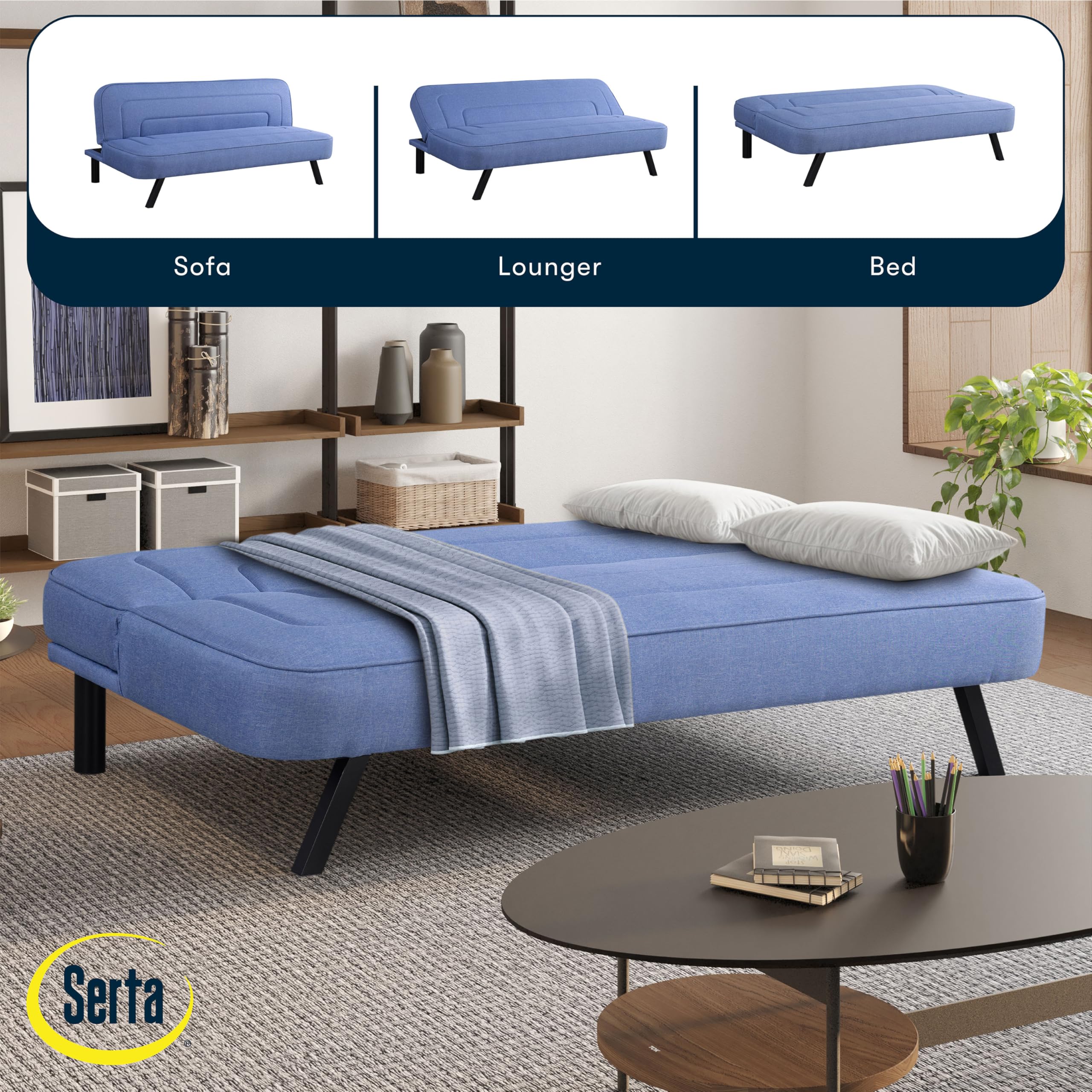 Serta Fairwood 66.1" Convertible Futon Sofa, Short Twin Size, Modern Boho, Dream Coil Comfort, Fingerguard Pinch Point Protection, Soft Woven Polyester Fabric, Blue