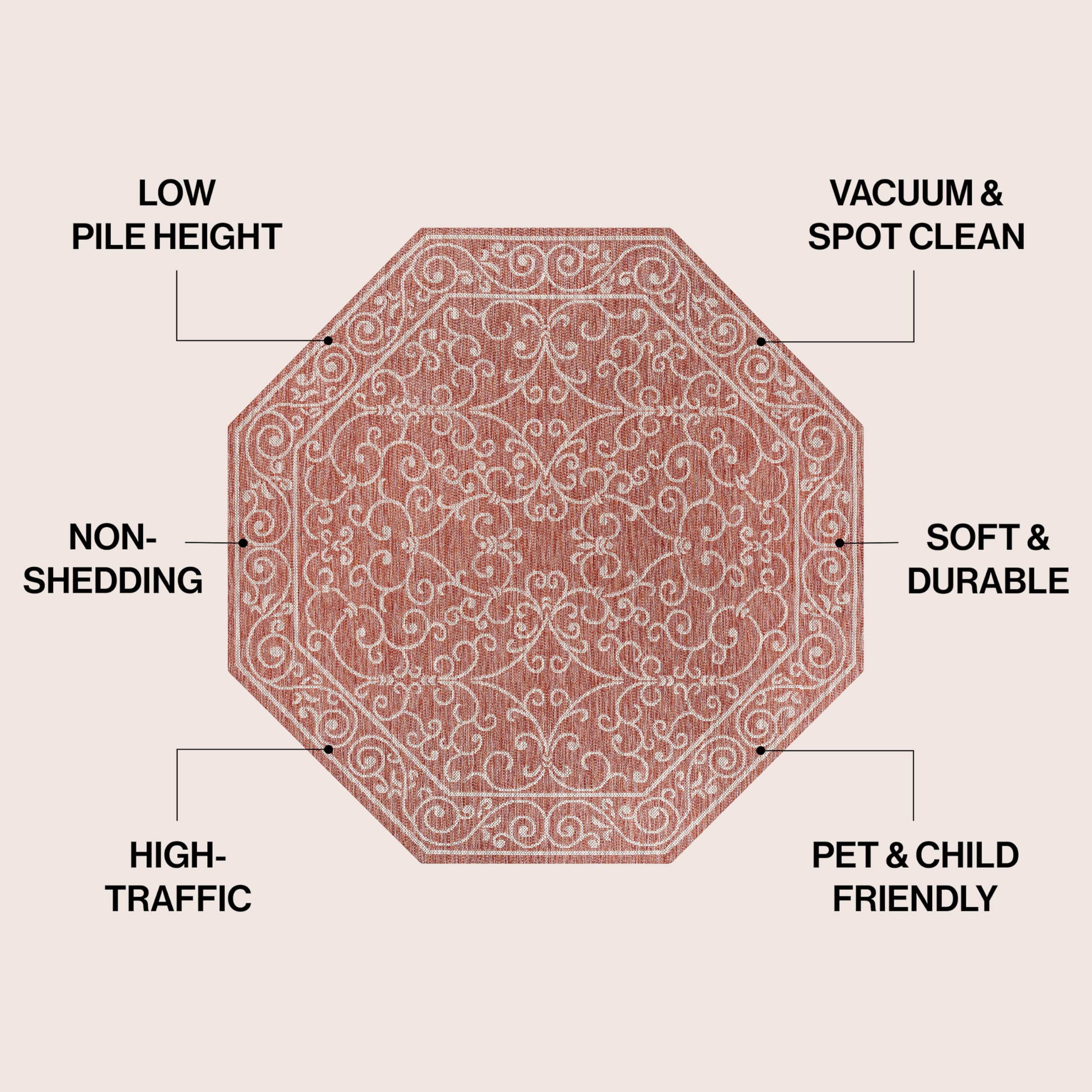 JONATHAN Y SMB106B-5TGN Charleston Vintage Filigree Textured Weave Red/Beige 5' Octagon Indoor/Outdoor Area Rug, Non-Shedding, Stain Resistant,Fade Resistant, Easy-Cleaning for Backyard Patio, Porch