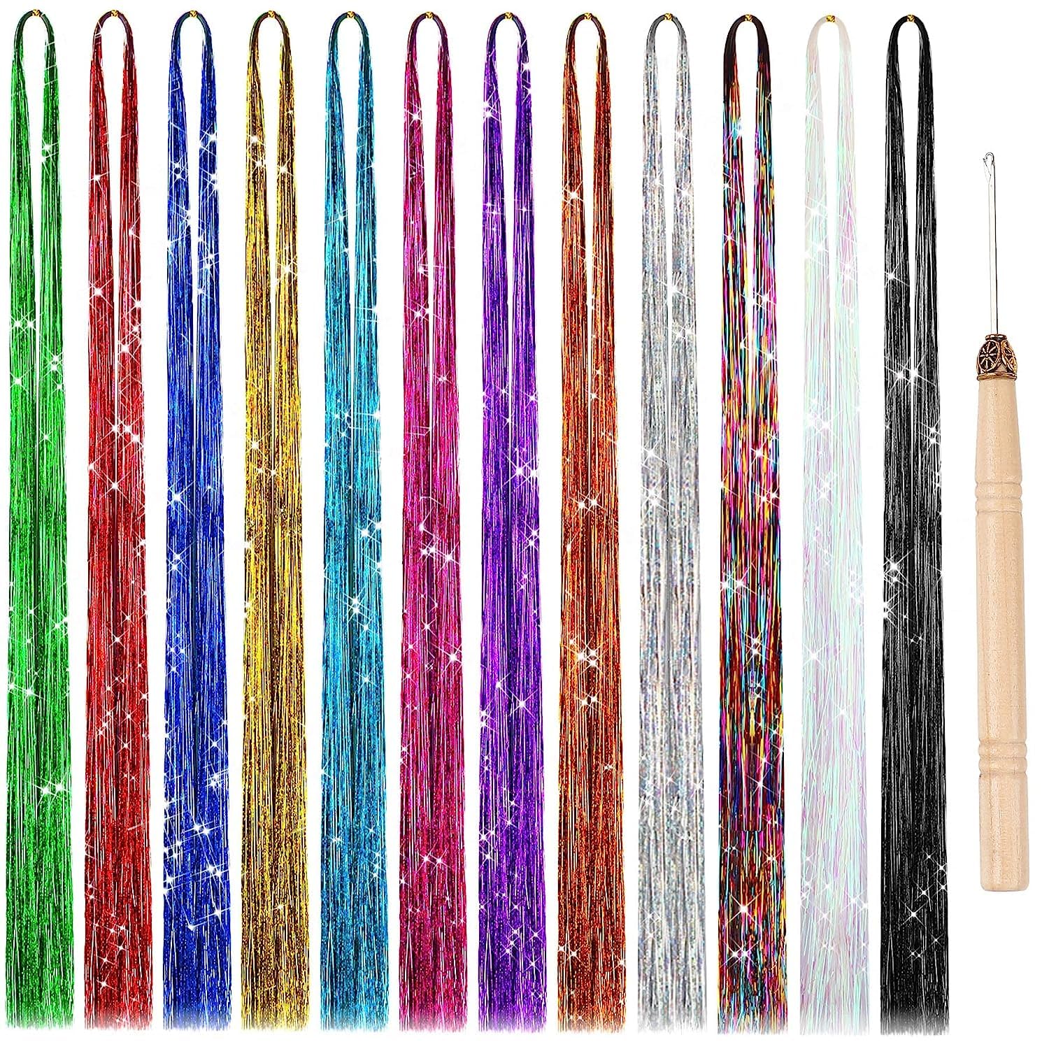 47 Inches Hair Extensions 12 Colors 2400 Strands Holographic Glitter Fairy Hair Tinsel Kit for Women Girls Hair Accessories for Hair Sparkles Halloween Christmas New Year Cosplay Party