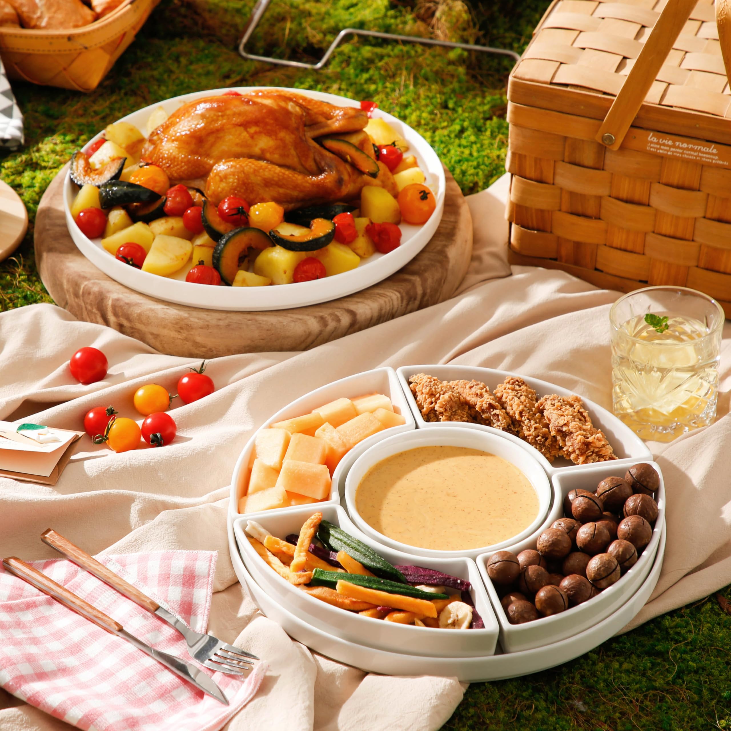 MALACASA Piatti da portata divisi in porcellana, vassoio per condimenti, ciotole per feste, perfette per patatine e salse, frutta, verdura, caramelle e snack, vassoio da portata per feste e
