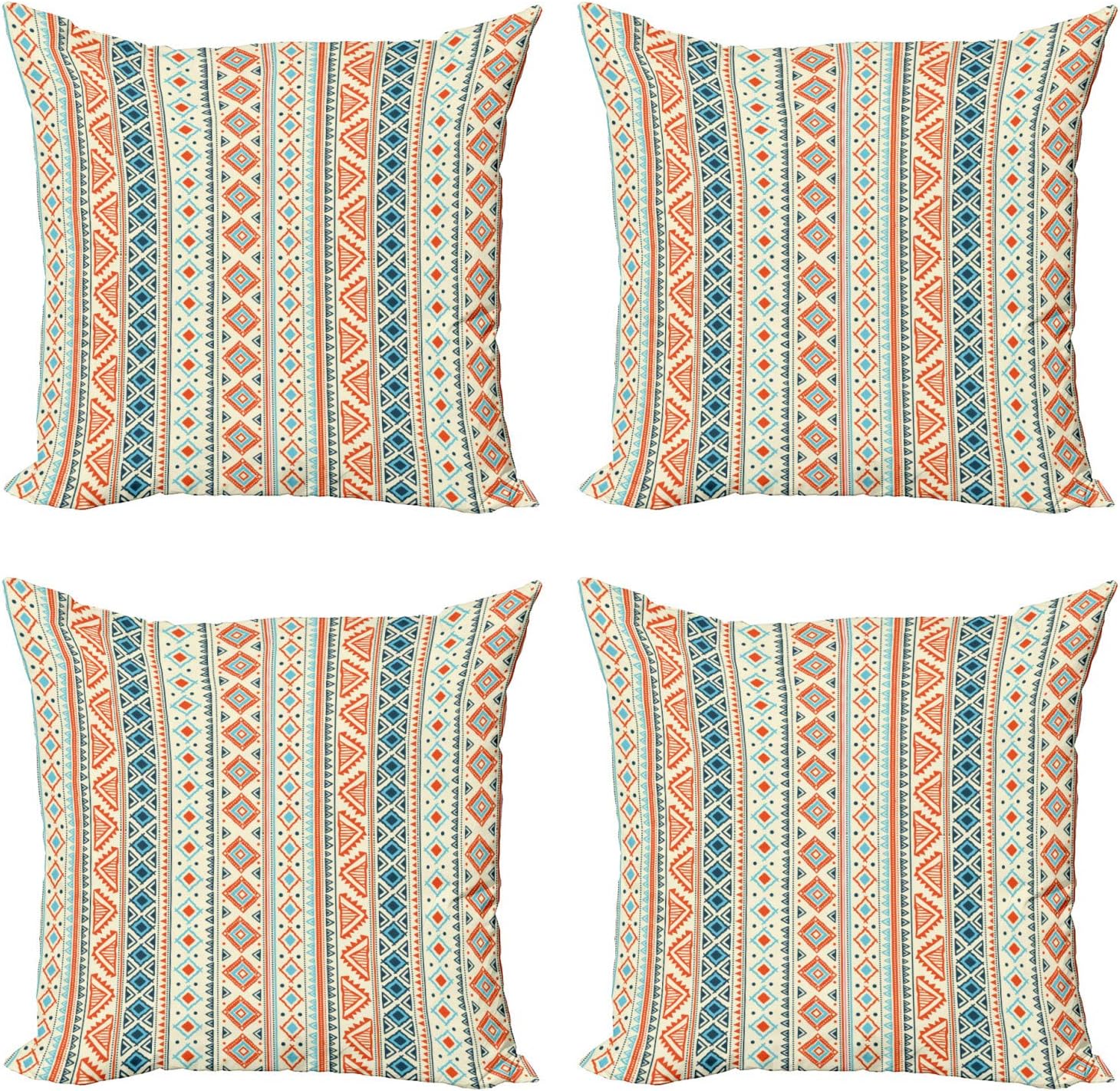 Ambesonne Tribal Throw Pillow Cushion Case Pack of 4, Mexican Style Aztec Patterned Retro Hand Drawn Design Abstract, Modern Accent Double-Sided Digital Printing, 16", Blue Orange Ivory