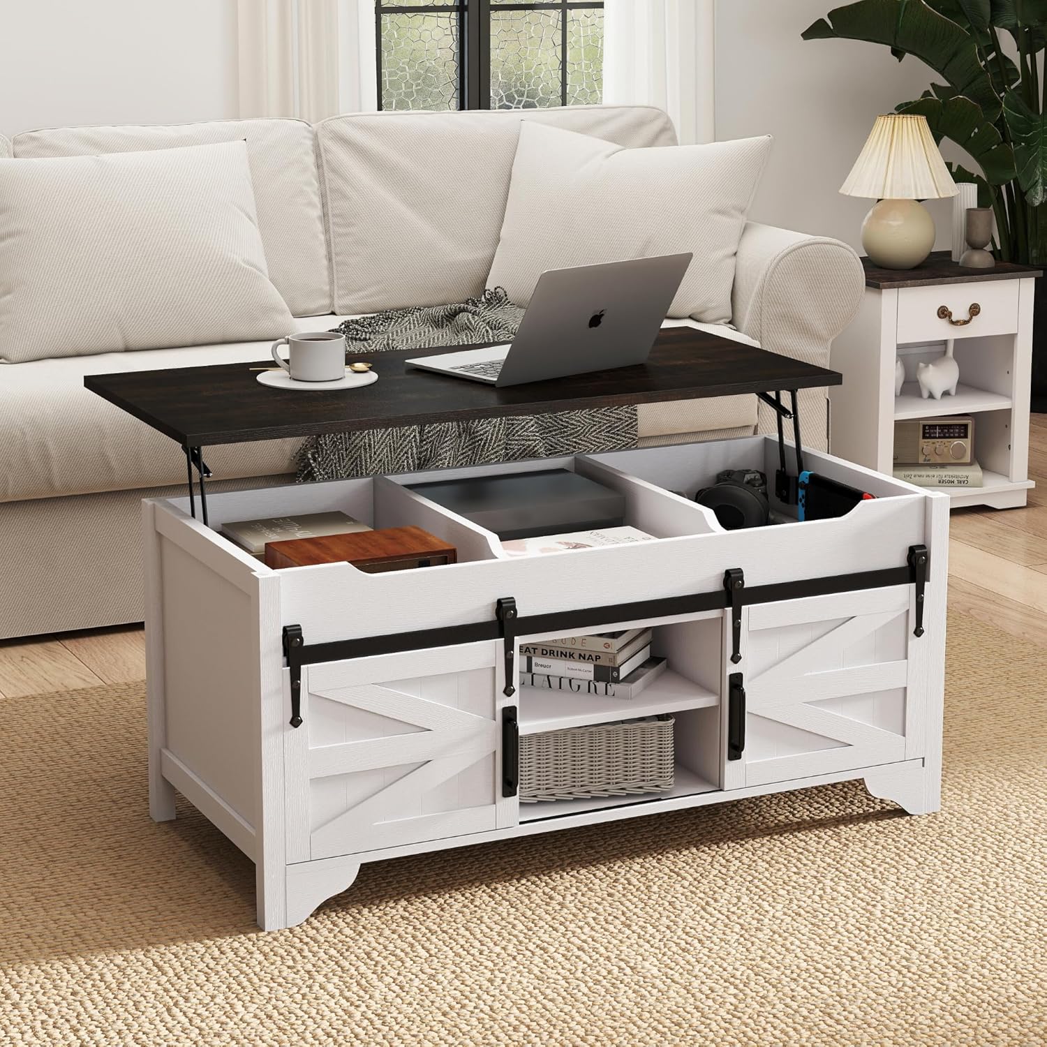 Lift Top Coffee Table with Sliding Barn Door 47.64" W Rustic Storage Coffee Tables, Wood Rectangle Center Table with Hidden Storage Compartment for Home, Office, White and Black