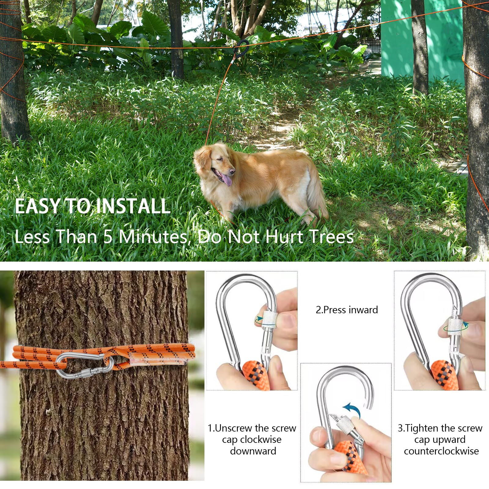 Câble d'attache pour Chien 3 en 1,15M+3M Orange Nylon Réfléchissante Corde Longe système de Trolley Portable Laisse pour Chien Corde pour Cour Camping Parcs en Plein air avec Grande Sac