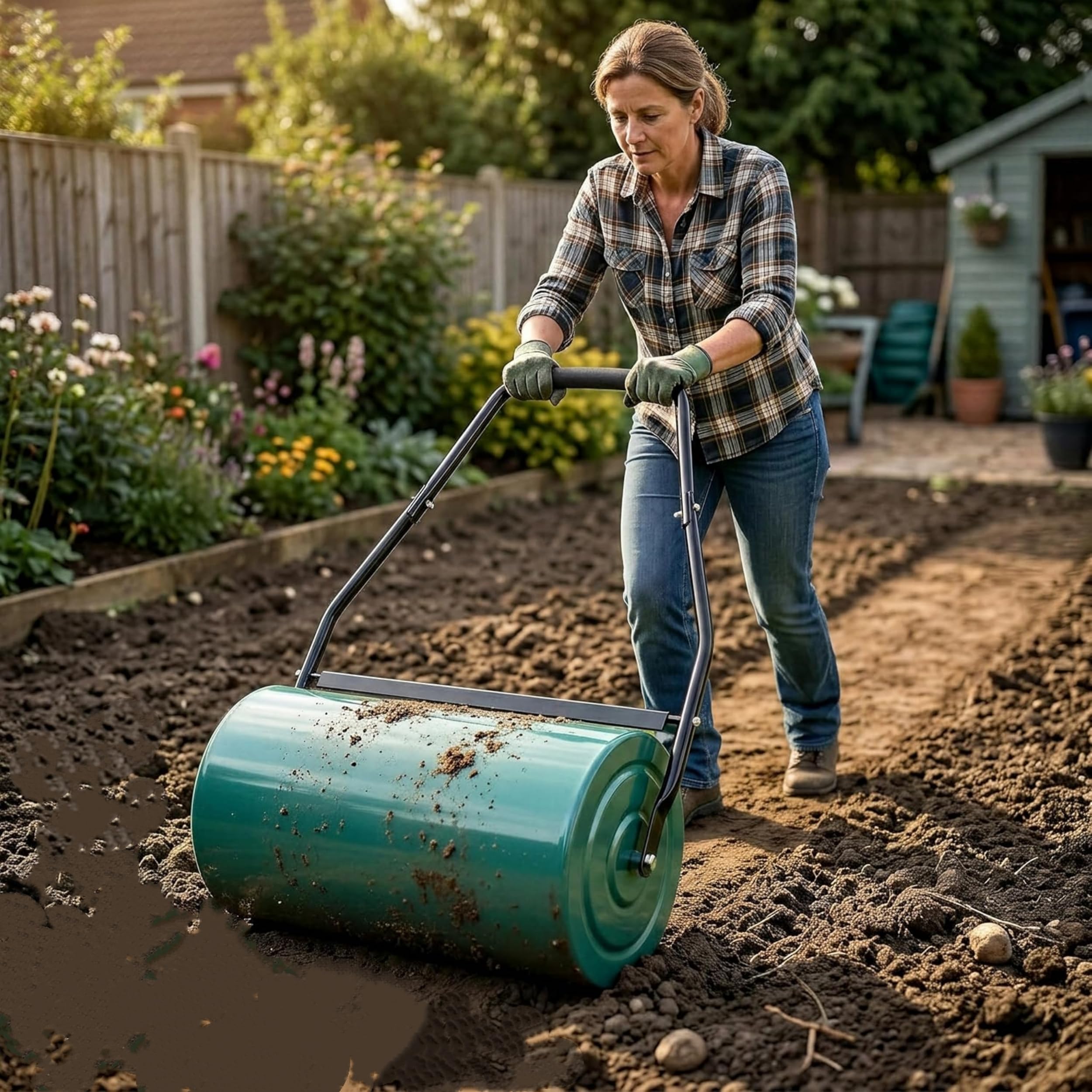 Rasenwalze Hand Walze für Rasenpflege, Ergonomischer Führungsholm, mit Wasser oder Sand Befüllbar, Rasenroller für Kleine bis Mittlere Rasenflächen, Gartenwalze für Gleichmäßige Rasenverdichtung